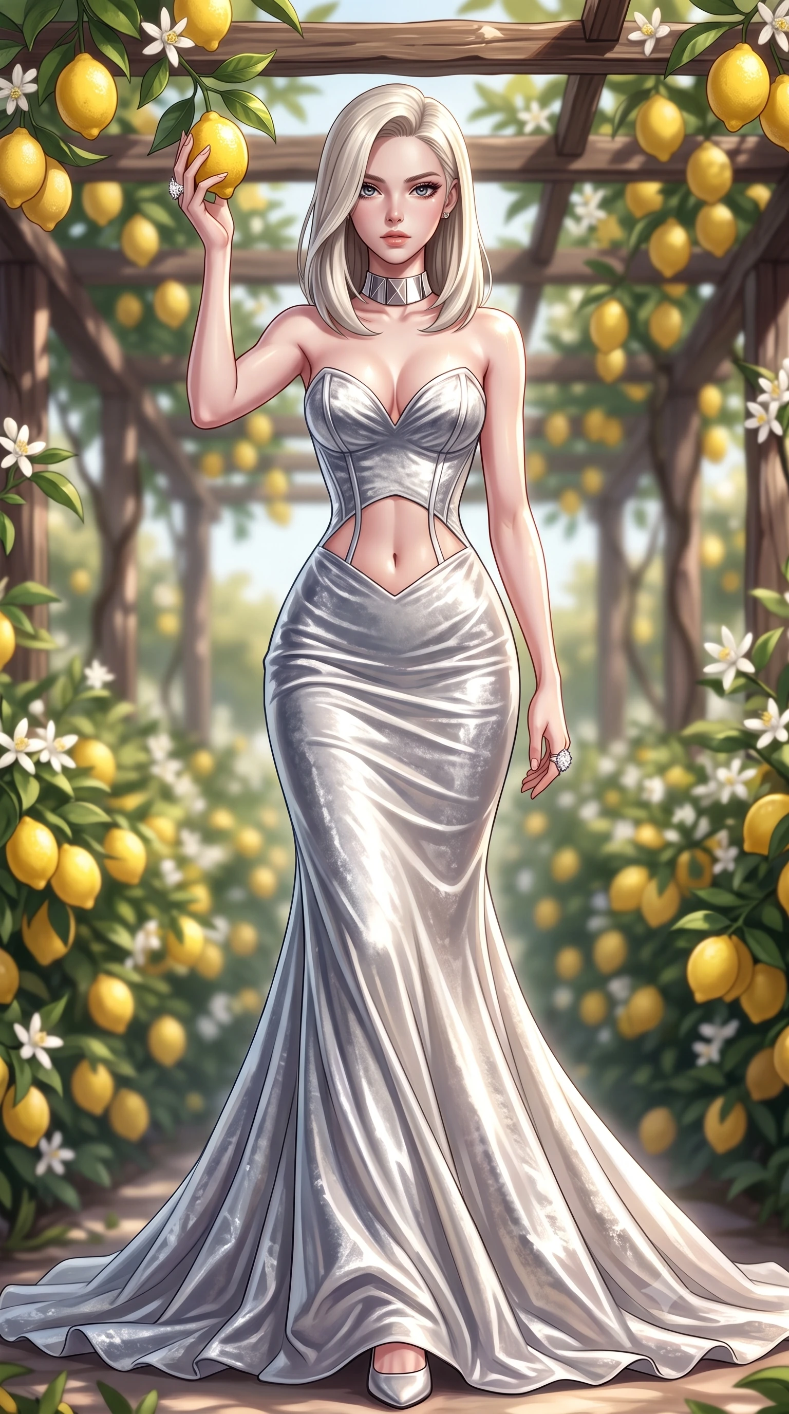 score_9, masterpiece, best quality, ultra-detailed, high-budget anime keyframe, semi-realistic 3D game render, editorial fashion photography, tasteful artistic composition, Caucasian woman. low angle full-body shot from head to toe showing her feet, filling the entire 9:16 vertical frame with her statuesque presence, stretching her vertical silhouette. striding forward in a proud supermodel runway stride, hips swaying in an alluring kinetic rhythm that accentuates her curvy hourglass silhouette while reaching up with one hand to touch a ripe yellow lemon hanging from the rustic wooden pergola, arching her back to accentuate her curvaceous hips and toned waist. The composition keeps background elements in soft focus with creamy bokeh. clustering yellow lemons and fragrant white lemon blossoms softened in romantic Italian shallow focus. She has an exceptionally tall and slender model-like 8.5-heads proportion, an ultra-slim waist, a flat toned midriff, narrow delicate ribcage, and beautifully sculpted feminine hips creating a graceful, slim hourglass silhouette without any bulky heaviness, with impossibly long slender legs. sharp v-shaped jawline, high-bridge nose, intricate jewel-like eyes with depth, thick eyelashes, glossy parted lips with a natural sheen, intensely captivating and seductive bedroom-eyes expression, flawlessly proportioned anatomical accuracy, strict slender model proportions, natural body alignment, perfectly sculpted long slender limbs, ultra-slim waistline, clean dynamic posture without body distortion. wearing a deep sweetheart neckline crushed velvet corseted ballgown with an exposed midriff cutout in shimmering silver mercury and pearl white, crafted from heavyweight crushed silk velvet with liquid vintage luster, complemented by a bold geometric choker and sparkling cocktail ring, the dramatically scooped open back descending to the base of her spine, accentuating her razor-sharp statuesque lines and slim hourglass silhouette. illuminated by intense specular sea surface glints defining her sculpted collarbones, narrow waist, and curvy hips. highly saturated vibrant anime colors, detailed shading with soft gradients, rich glossy textures, high-contrast stereoscopic depth, volumetric dynamic lighting, master piece, 9:16 ratio