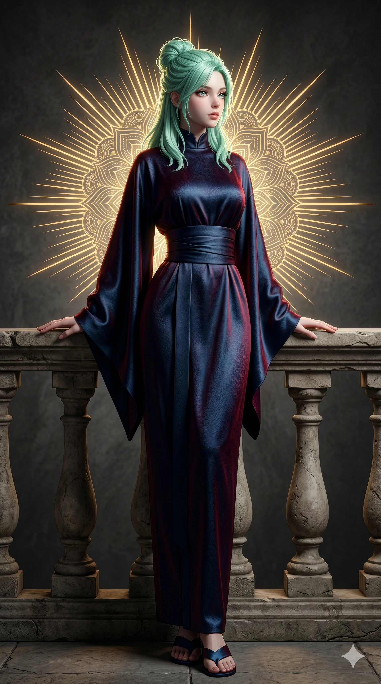 score_9, masterpiece, best quality, ultra-detailed, high-budget anime keyframe, editorial fashion photography, tasteful artistic composition, Japanese woman. low angle full-body shot from head to toe showing her feet, filling the entire 9:16 vertical frame with her statuesque presence, stretching her vertical silhouette. resting her hands on the stone railing, looking past the camera with wistful, serene self-assurance inside a high-fashion studio with a dark grey backdrop and a spotlight (Code-P18-019). She has an absolutely perfect 8-heads proportion, an exceptionally tall and slender female figure with impossibly long slender legs and an ultra-slim waist. V-shaped jawline, high-bridge nose, intricate jewel-like eyes with depth, thick eyelashes, glossy lips with a natural sheen. wearing a high-neck heavy silk robe with elegant flowing sleeves and a wide sash. brilliant golden rays radiating from the center mandala, creating a holy glowing aura. 2k, ultra detail, master piece, 9:16 ratio