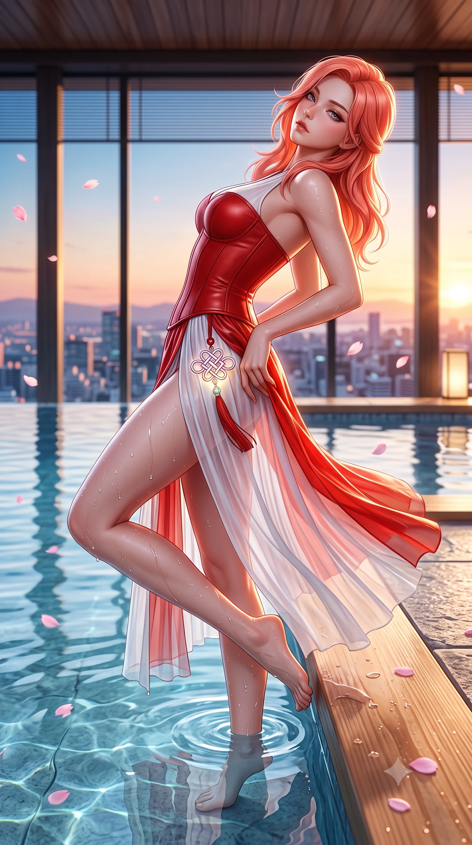 score_9, masterpiece, best quality, ultra-detailed, high-budget anime keyframe, semi-realistic 3D game render, editorial fashion photography, tasteful artistic composition, Japanese woman. close-up cowboy shot from the waist and thighs up, the character dominates the composition, filling the frame with her large presence. arching her spine backward with effortless dancer poise, one hand sliding along her hip line as directional light carves specular highlights along her silhouette while sitting on the stone infinity pool edge with legs dipped in water, turning her upper body in an alluring S-curve toward the camera. The surrounding environment is rendered in vivid detail and crisp panoramic clarity. sharp wet hinoki wood grain, distinct water droplet tracks on skin, and delicate cherry blossom petals in deep focus. She has an exceptionally elegant, slender, and willowy female figure with an ultra-slim waist, a gracefully sculpted slender torso, toned flat midriff, and rounded feminine hips creating an alluring hourglass silhouette. sharp v-shaped jawline, high-bridge nose, intricate jewel-like eyes with depth, thick eyelashes, glossy parted lips with a natural sheen, intensely captivating and seductive bedroom-eyes expression, flawlessly proportioned anatomical accuracy, strict slender model proportions, natural body alignment, perfectly sculpted long slender limbs, ultra-slim waistline, clean dynamic posture without body distortion. wearing a sacred shrine maiden couture robe with sheer pleated chiffon skirt and structured scarlet corset top in pure snow white and vermilion red, crafted from supple second-skin lambskin leather with specular wet sheen, accented with a glowing metallic norigae knot charm resting against her hip, the form-contouring material adhering flawlessly to her sculpted flat midriff and slender torso, emphasizing her long leg lines and perfectly proportioned willowy build. surrounded by an intimate, tranquil, and deeply sensual Japanese skylounge muse aura. highly saturated vibrant anime colors, detailed shading with soft gradients, rich glossy textures, high-contrast stereoscopic depth, volumetric dynamic lighting, master piece, 9:16 ratio