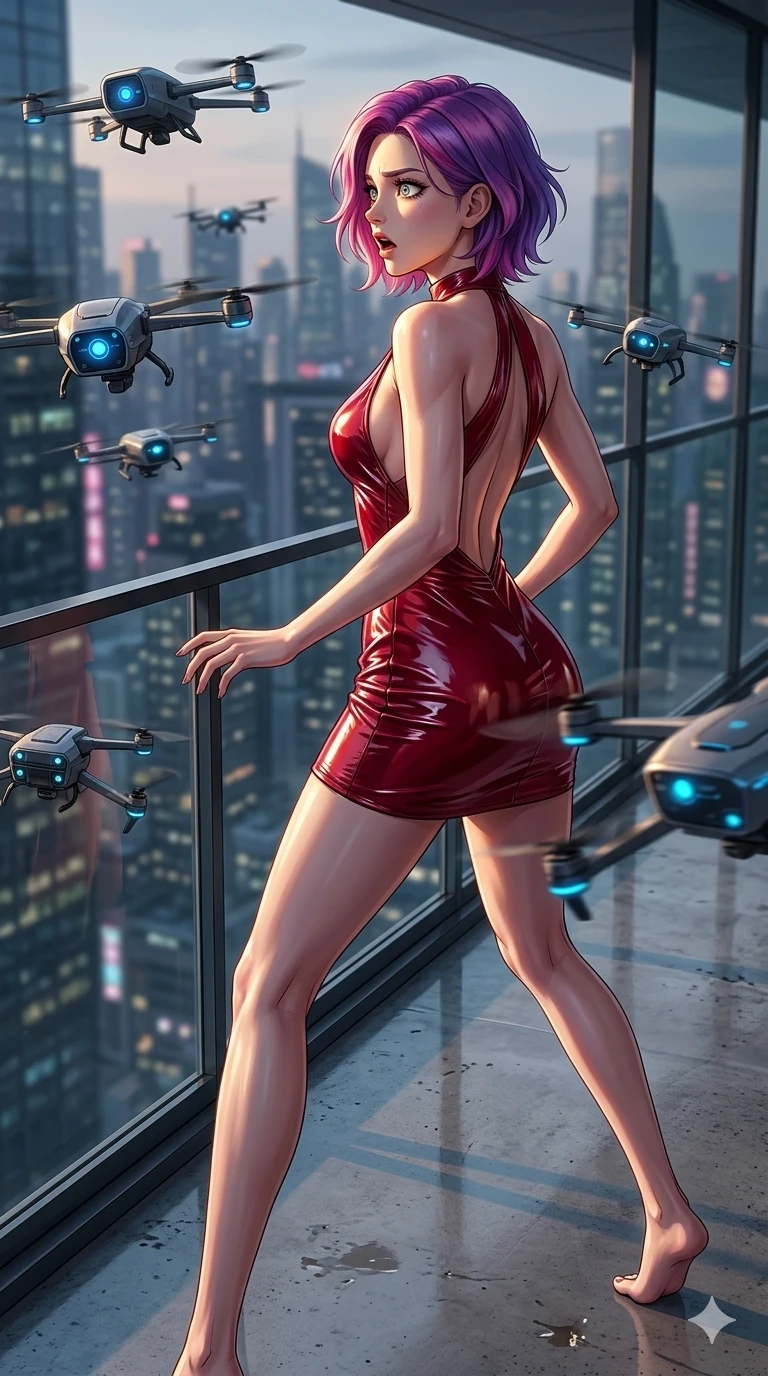 score_9, masterpiece, best quality, ultra-detailed, high-budget anime keyframe, editorial fashion photography, tasteful artistic composition, Caucasian woman, strictly human ears. cowboy shot from the thighs up, character and outfit filling the frame for maximum editorial presence. turning her face in a sharp, dramatic profile, her eyes dilated in pure bewilderment and shock on a skyscraper balcony as a swarm of hover-drones suddenly sweeps past (Scenario Code U-44). She has an absolutely perfect 8-heads proportion, an exceptionally tall and slender female figure with impossibly long slender legs and an ultra-slim waist. V-shaped jawline, high-bridge nose, intricate jewel-like eyes with depth, thick eyelashes, glossy lips with a natural sheen. wearing a wet-look crimson vinyl mini-dress with a bold halter neck and dramatic open-back. drenched in a sharp golden key light that highlights her surprised facial expression. 2k, ultra detail, master piece, 9:16 ratio