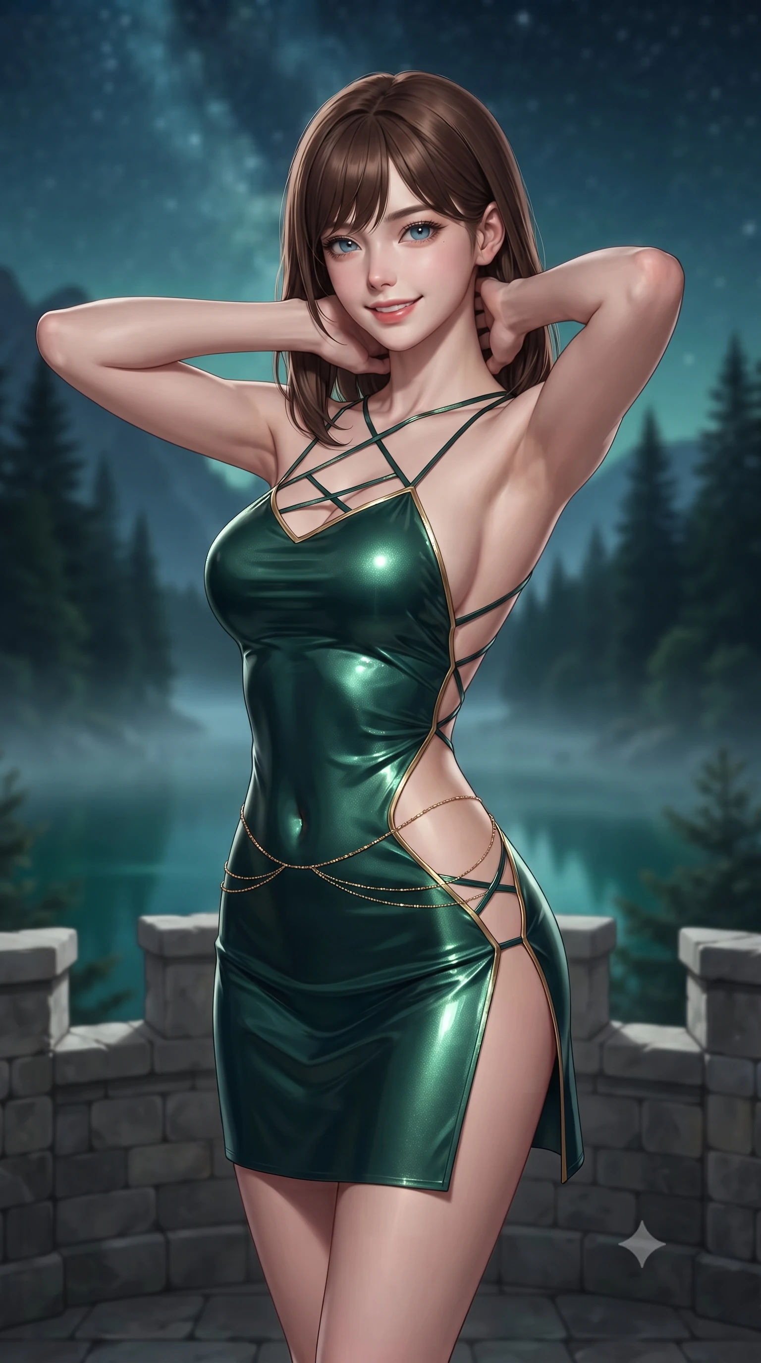 score_9, masterpiece, best quality, ultra-detailed, high-budget anime keyframe, editorial fashion photography, tasteful artistic composition, Korean woman. close-up cowboy shot from the waist and thighs up, the character dominates the composition, filling the frame with her large presence. resting both hands lightly behind her neck with elbows raised, arching her spine to highlight her narrow waist, flat midriff, and breathtaking collarbones while standing poised on the castellated stone balcony overlooking the misty emerald waters of the Alpsee lake and dark pine forests, arching her lower back with regal high-fashion ease. The background shows a soft-focus emerald waters of the Alpsee lake veiled in nocturnal mist, towering dark Bavarian fir and pine forests, and starry alpine sky blurred into jade, slate, and sapphire bokeh. She has an exceptionally elegant, slender, and willowy female figure with an ultra-slim waist, flat toned midriff, narrow ribcage, and sculpted feminine hips creating an alluring, slim hourglass silhouette without bulk. sharp v-shaped jawline, high-bridge nose, intricate jewel-like sparkling eyes with depth, thick eyelashes, glossy parted lips with a natural peach sheen, bright cheerful beaming smile with an enchanting and coquettish sensual glint, exuding both youthful cute charm and seductive allure, flawlessly proportioned anatomical accuracy, strict slender model proportions, natural body alignment, perfectly sculpted long slender limbs, ultra-slim waistline, clean dynamic posture without body distortion. wearing a backless liquid lamé mini dress with criss-cross spinal straps and daring side slit in Bavarian alpine spruce green and Neuschwanstein gilded gold, woven from buttery-soft stretch lambskin leather adhering to her body like a second skin, accented with a dainty gold belly chain resting across her flat midriff and curving hips, the precision-cut side openings and low-back scoop framing her graceful spine and the sensual sweep of her slim, toned hips. illuminated by stone terrace bounce and sharp platinum-gold rim lights sculpting her jawline, narrow waist, and curvy hips. ultra-reflective glossy finish, specular highlights, rich textural contrasts, high-contrast stereoscopic depth, volumetric dynamic lighting, 2k, ultra detail, master piece, 9:16 ratio