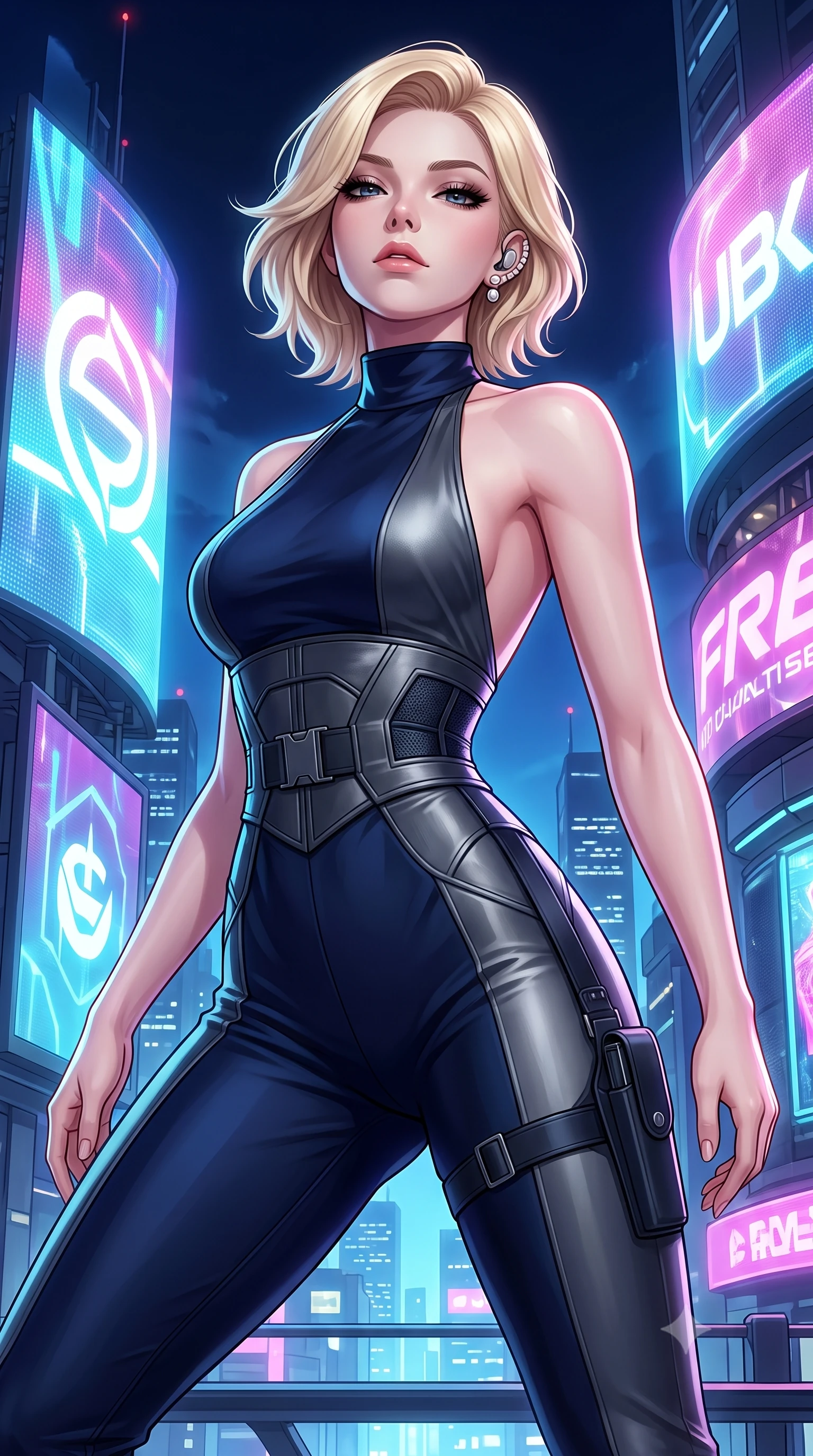 score_9, masterpiece, best quality, ultra-detailed, high-budget anime keyframe, semi-realistic 3D game render, editorial fashion photography, tasteful artistic composition, Caucasian woman. close-up cowboy shot from the waist and thighs up, the character dominates the composition, filling the frame with her large presence. tilting her chin up with proud, sovereign confidence while gazing directly into the lens with thick, dark eyelashes while pivoting with energetic street-dance momentum as giant holographic animated logos flash across the night sky behind her. The surrounding environment is rendered in vivid detail and crisp panoramic clarity. vibrant futuristic rave chiaroscuro and exhilarating high-altitude electronic nightlife in precision. She has an exceptionally elegant, slender, and willowy female figure with an ultra-slim waist, a gracefully sculpted slender torso, toned flat midriff, and a refined slim silhouette. sharp v-shaped jawline, high-bridge nose, intricate jewel-like eyes with depth, thick eyelashes, glossy lips with a natural sheen, captivating and magnetic expression, flawlessly proportioned anatomical accuracy, strict slender model proportions, natural body alignment, perfectly sculpted long slender limbs, ultra-slim waistline, clean dynamic posture without body distortion. wearing a high-society undercover halter-neck jumpsuit with a tailored deep-V back and integrated tactical waist cincher in deep midnight blue and brushed gunmetal, tailored from fluid silk crepe with inner ballistic reinforcement, accessorized with a sleek concealed garter holster and pearl ear transmitter edition #24, the liquid-tight tailored fabric emphasizing every curve of her tall, slender model proportions and sculptured silhouette during dynamic movement. illuminated by crisp rim lights accentuating her ultra-slim waistline and long athletic limbs. highly saturated vibrant anime colors, detailed shading with soft gradients, rich glossy textures, high-contrast stereoscopic depth, volumetric dynamic lighting, master piece, 9:16 ratio