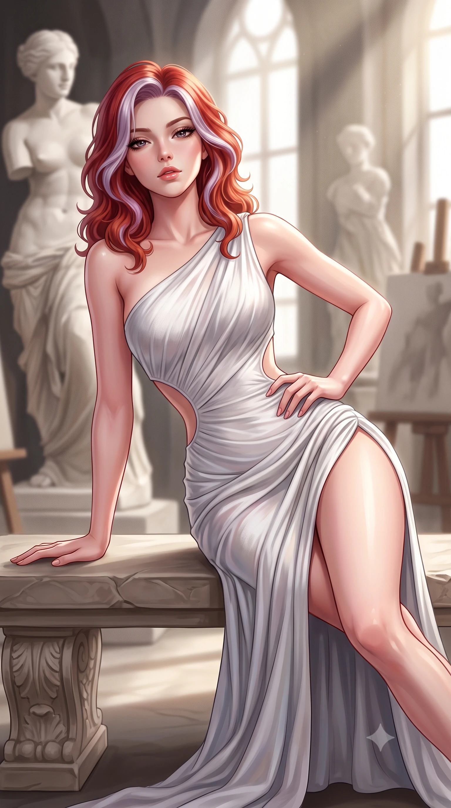 score_9, masterpiece, best quality, ultra-detailed, high-budget anime keyframe, semi-realistic 3D game render, editorial fashion photography, tasteful artistic composition, Caucasian woman. close-up cowboy shot from the waist and thighs up, the character dominates the composition, filling the frame with her large presence. tilting her chin up with proud, sovereign allure while gazing through thick eyelashes, one hand resting on her waist in pure supermodel charisma while reclining on a low carved stone bench amidst unfinished plaster statues, torso propped on one hand with smoldering artistic allure. The composition keeps background elements in soft focus with creamy bokeh. towering plaster neoclassical statues and canvas easel silhouettes blurred into creamy alabaster, charcoal, and warm stone bokeh. She has an exceptionally elegant, slender, and willowy female figure with an ultra-slim waist, a gracefully sculpted slender torso, toned flat midriff, and rounded feminine hips creating an alluring hourglass silhouette. sharp v-shaped jawline, high-bridge nose, intricate jewel-like eyes with depth, thick eyelashes, glossy parted lips with a natural sheen, intensely captivating and seductive bedroom-eyes expression, flawlessly proportioned anatomical accuracy, strict slender model proportions, natural body alignment, perfectly sculpted long slender limbs, ultra-slim waistline, clean dynamic posture without body distortion. wearing an asymmetric one-shoulder marble-white draped dress with curved side cutouts and a high-cut thigh slit in pearlescent stone white and soft silver, crafted from breathable crinkled linen with classical sculptor drape, finished with fluid drapery folds cascading gracefully from her hip line to the floor, the liquid-tight tailored fabric clinging flawlessly to her narrow waist and rounded feminine hips, emphasizing every millimeter of her sculpted hourglass curves during movement. bathed in dramatic natural north skylight streaming through cathedral windows. highly saturated vibrant anime colors, detailed shading with soft gradients, rich glossy textures, high-contrast stereoscopic depth, volumetric dynamic lighting, master piece, 9:16 ratio