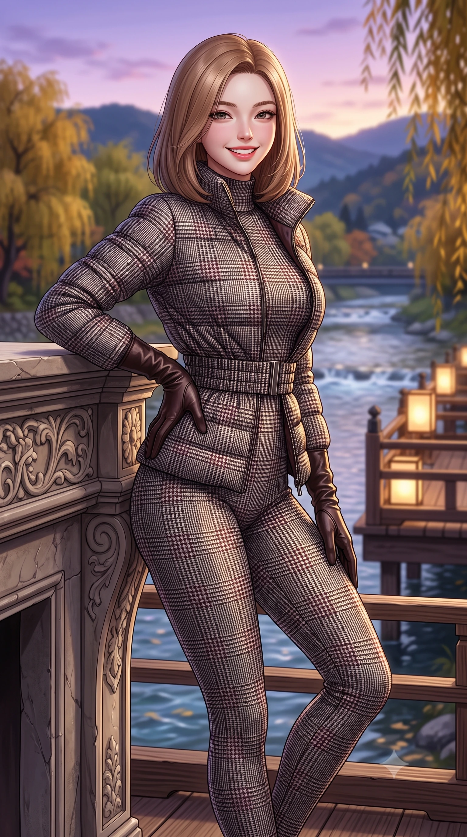 score_9, masterpiece, best quality, ultra-detailed, high-budget anime keyframe, semi-realistic 3D game render, editorial fashion photography, tasteful artistic composition, Korean woman. close-up cowboy shot from the waist and thighs up, the character dominates the composition, filling the frame with her large presence. leaning gracefully against the carved mantelpiece with one hand on her hip, showcasing her slender waist and feminine posture while standing poised on the wooden kawayuka deck suspended over the clear riverbank, looking out at autumn willows with a bright, beaming smile. The background shows a soft-focus clear flowing Kamogawa river waters, weeping willow trees turning gold along riverbanks, and distant Higashiyama hills blurred into indigo, golden olive, and slate bokeh. She has an exceptionally elegant, slender, and willowy female figure with an ultra-slim waist, flat toned midriff, narrow ribcage, and sculpted feminine hips creating an alluring, slim hourglass silhouette without bulk. sharp v-shaped jawline, high-bridge nose, intricate jewel-like sparkling eyes with depth, thick eyelashes, glossy parted lips with a natural peach sheen, bright cheerful beaming smile with an enchanting and coquettish sensual glint, exuding both youthful cute charm and seductive allure, flawlessly proportioned anatomical accuracy, strict slender model proportions, natural body alignment, perfectly sculpted long slender limbs, ultra-slim waistline, clean dynamic posture without body distortion. wearing a tailored quilted down jacket with a deeply cinched elastic belt worn over an ultra-tight thermal rib-knit bodysuit and leggings in classic glen plaid monochrome with subtle wine red accent, woven from stretch metallic lurex knit casting subtle luminous champagne glints across her contours, complemented by buttery leather opera gloves tracing her slender arms with sleek polish, the snug waist-cinching tailoring accentuating her ultra-slim waistline and the enchanting curve of her feminine hips with alluring seductive charm. bathed in the soft purple-gold twilight glow of autumn sunset over the Higashiyama mountains mixed with warm paper lantern lights. highly saturated vibrant anime colors, detailed shading with soft gradients, rich glossy textures, high-contrast stereoscopic depth, volumetric dynamic lighting, master piece, 9:16 ratio