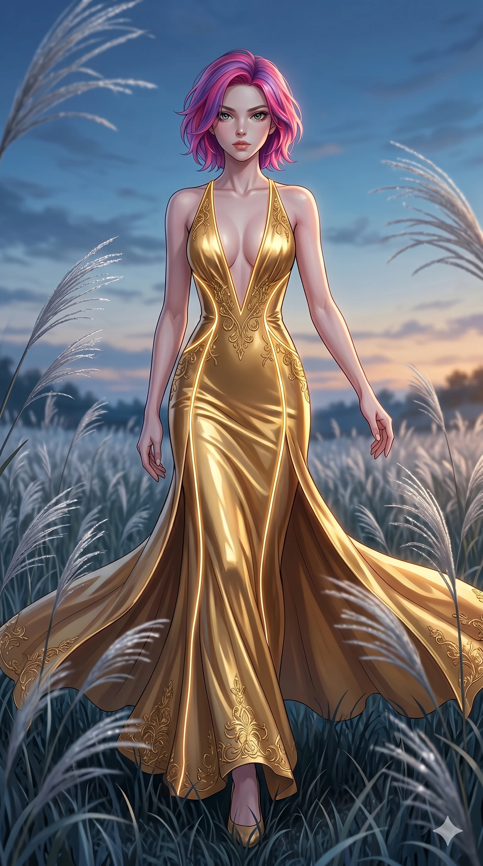 score_9, masterpiece, best quality, ultra-detailed, High-budget Anime Keyframe, East Asian woman. Dynamic full-body shot stretching the vertical silhouette to the limit. Scenario 128: Walking through a field of tall silver grass at twilight. Her presence is magnetic and overpowering in this high-budget anime scene. Outfit 128: A molten liquid silk gold with a plunging V-neckline and glowing LED seams. The clothing is designed to emphasize her exceptionally tall and slender 8-heads proportion. 8-heads proportion, towering silhouette, ultra-slim waist. sharp v-shaped jawline, intricate jewel-like eyes with depth, thick eyelashes, glossy lips. 2k, ultra detail, master piece, 9:16 ratio