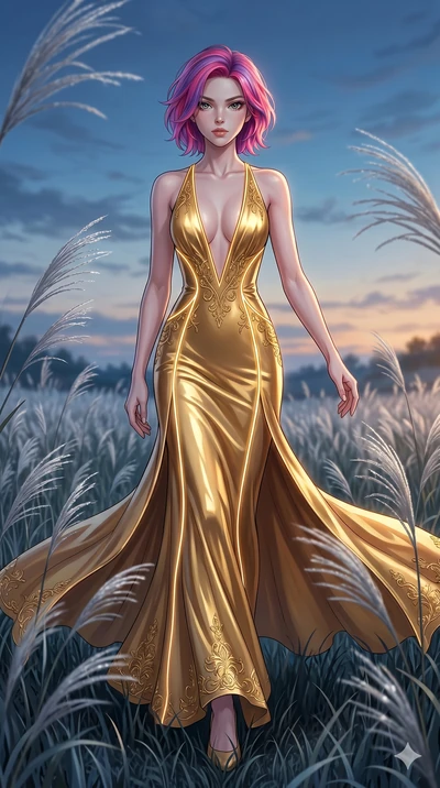 score_9, masterpiece, best quality, ultra-detailed, High-budget Anime Keyframe, East Asian woman. Dynamic full-body shot stretching the vertical silhouette to the limit. Scenario 128: Walking through a field of tall silver grass at twilight. Her pres