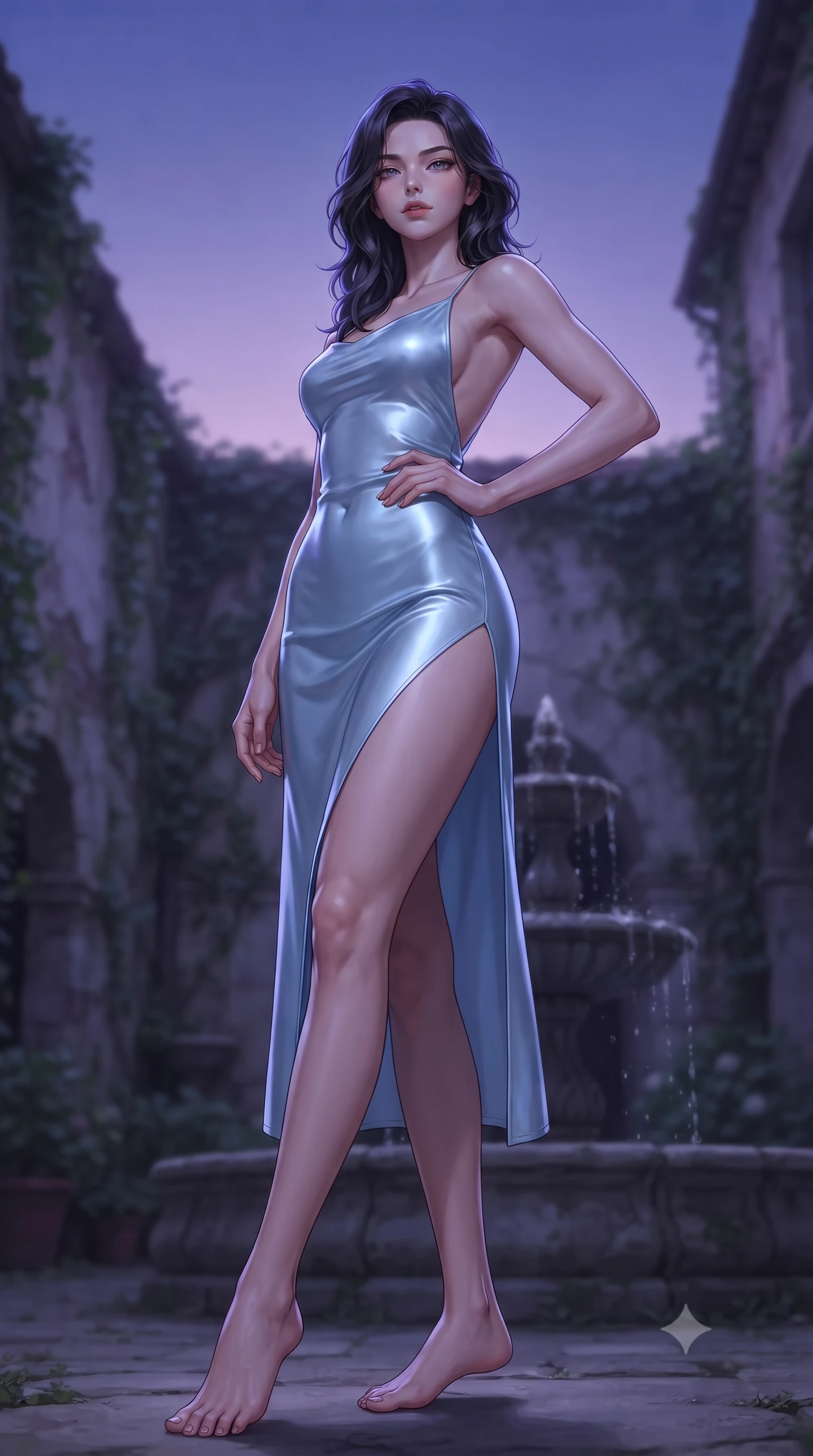 score_9, masterpiece, best quality, ultra-detailed, high-budget anime keyframe, editorial fashion photography, tasteful artistic composition, Korean woman. low angle full-body shot from head to toe showing her feet, filling the entire 9:16 vertical frame with her statuesque presence, stretching her vertical silhouette. posing confidently with one hand on her hip, stretching her statuesque body to emphasize her curves the background shows a soft-focus an old courtyard with ivy-covered stone walls and a silent water fountain at dusk. She has an absolutely perfect, statuesque 8.5-heads proportion, an exceptionally tall and slender model-like female figure with impossibly long slender legs and an ultra-slim waist. sharp v-shaped jawline, high-bridge nose, intricate jewel-like eyes with depth, thick eyelashes, glossy lips with a natural sheen. wearing a slim-fit lightweight silk slip dress in baby blue with a high side slit and a low-cut back. soft purple twilight sky glow casting cool highlights on her form. ultra-reflective glossy finish, specular highlights, metallic sheen, high-contrast stereoscopic depth, volumetric dynamic lighting, 2k, ultra detail, master piece, 9:16 ratio