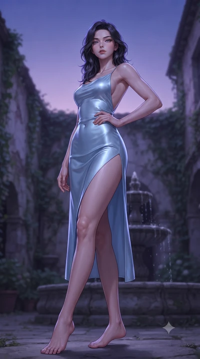 score_9, masterpiece, best quality, ultra-detailed, high-budget anime keyframe, editorial fashion photography, tasteful artistic composition, Korean woman. low angle full-body shot from head to toe showing her feet, filling the entire 9:16 vertical f