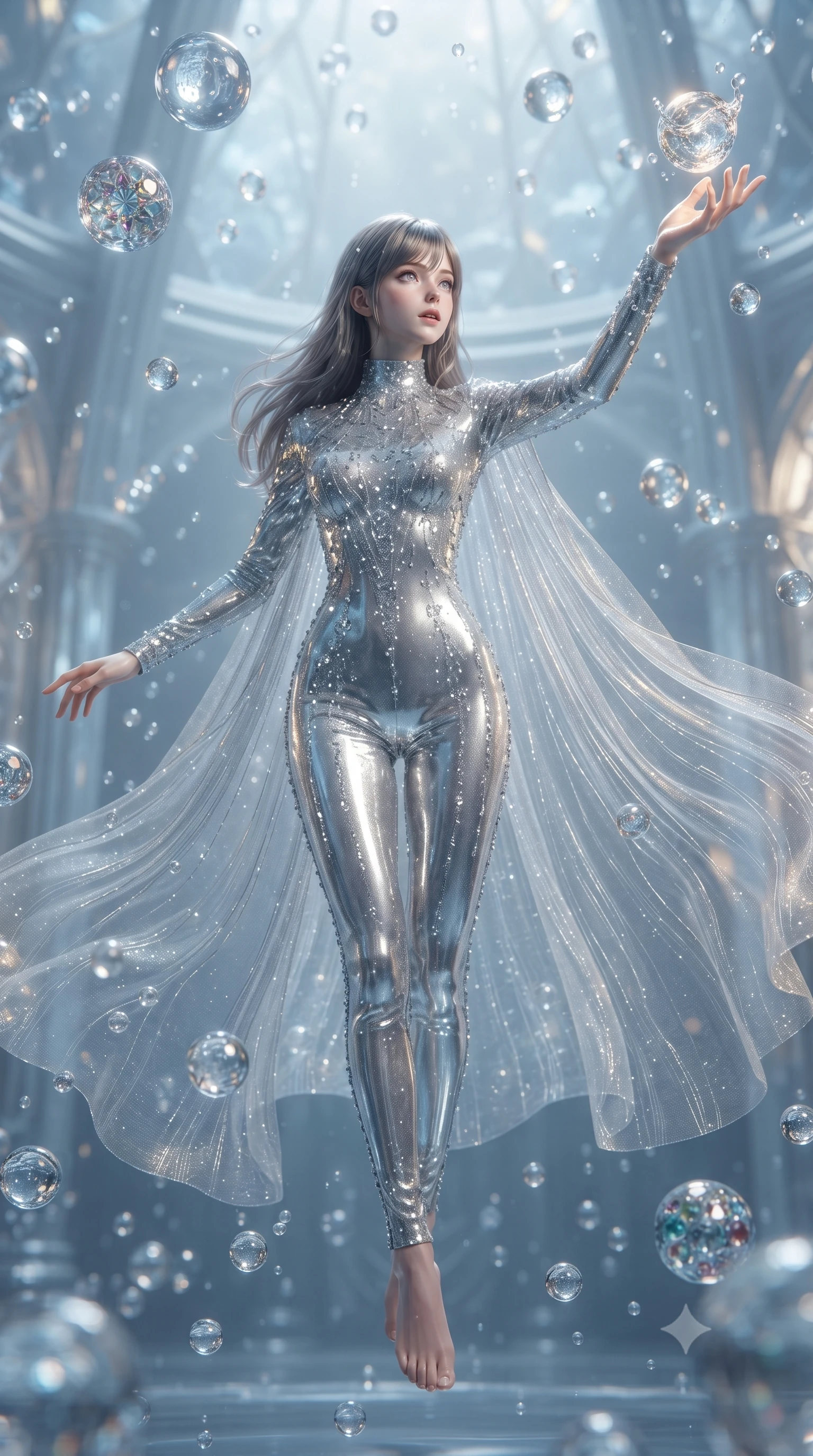 score_9, masterpiece, best quality, ultra-detailed, High-budget Anime Keyframe, editorial fashion photography, tasteful artistic composition, realistic cosplay photography, East Asian woman. Low angle cowboy shot filling the entire 9:16 frame with her statuesque presence. Scenario 476: reaching out to catch a floating sphere of liquid light in a zero-gravity sanctuary filled with floating water spheres. Her presence is magnetic and overpowering in this high-budget cinematic scene. Outfit 476: a slim-fit liquid silver shimmering chiffon jumpsuit draped with a semi-transparent chiffon cape. The clothing is designed to emphasize her exceptionally tall and slender 8-heads proportion. 8-heads proportion, towering silhouette, ultra-slim waist. sharp v-shaped jawline, intricate jewel-like eyes with depth, thick eyelashes, glossy lips. ultra-reflective glossy finish, specular highlights, metallic sheen, high-contrast stereoscopic depth, volumetric dynamic lighting, 2k, ultra detail, master piece, 9:16 ratio