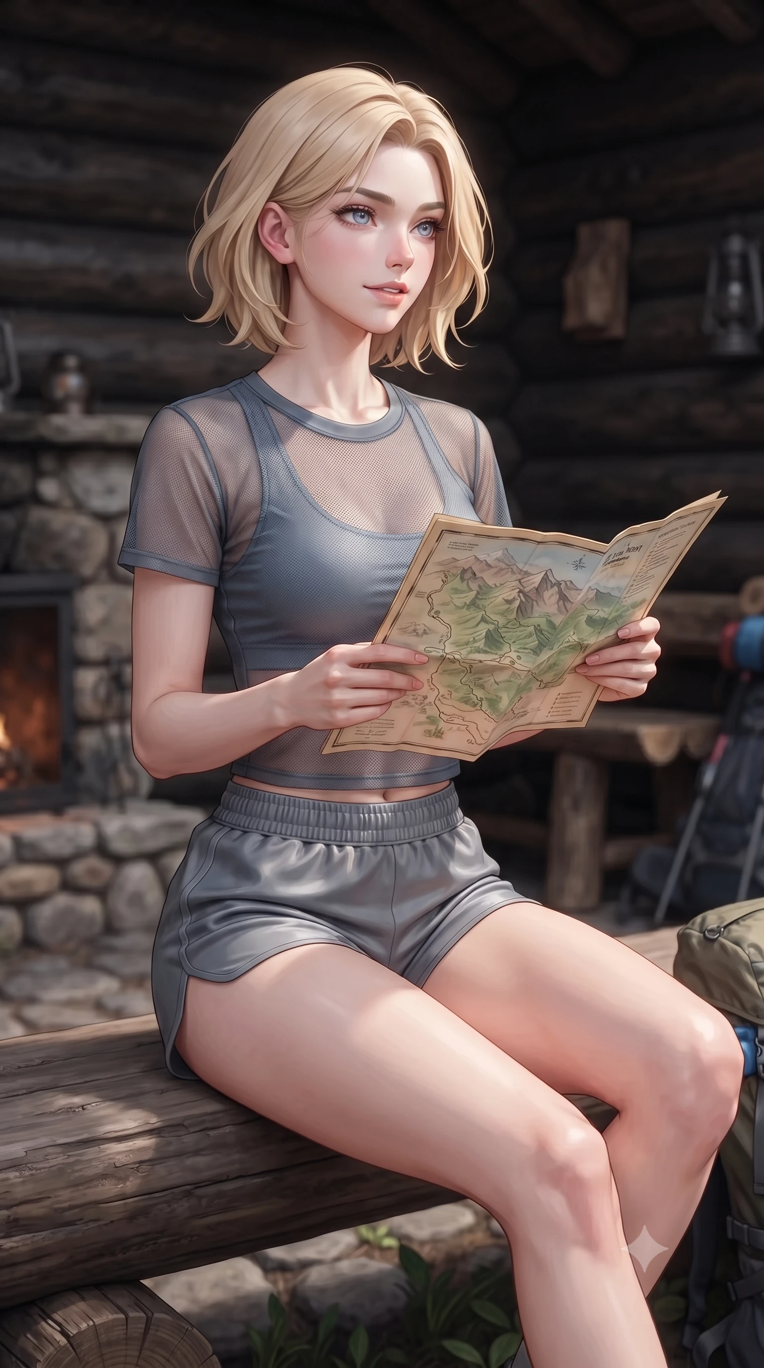 score_9, masterpiece, best quality, ultra-detailed, high-budget anime keyframe, editorial fashion photography, tasteful artistic composition, Caucasian woman. close-up cowboy shot from the waist and thighs up, the character dominates the composition, filling the frame with her large presence, background elements kept in soft focus. gazing past the camera with an alluring, daydreaming expression and a sweet half-smile set against a soft-focus background of near a cozy mountain shelter cabin built of dark logs and stone holding a map of the mountain trails, looking at the camera. She has an exceptionally elegant, slender, and willowy female figure with an ultra-slim waist, a gracefully sculpted slender torso, and a refined silhouette. sharp v-shaped jawline, high-bridge nose, intricate jewel-like eyes with depth, thick eyelashes, glossy lips with a natural sheen. wearing tailored sheer mesh athletic top in slate grey, worn over a slim-fit sports bralette and shorts. soft diffused daylight creating a clean, high-key panoramic glow. highly saturated vibrant anime colors, detailed shading with soft gradients, rich glossy textures, high-contrast stereoscopic depth, volumetric dynamic lighting, master piece, 9:16 ratio