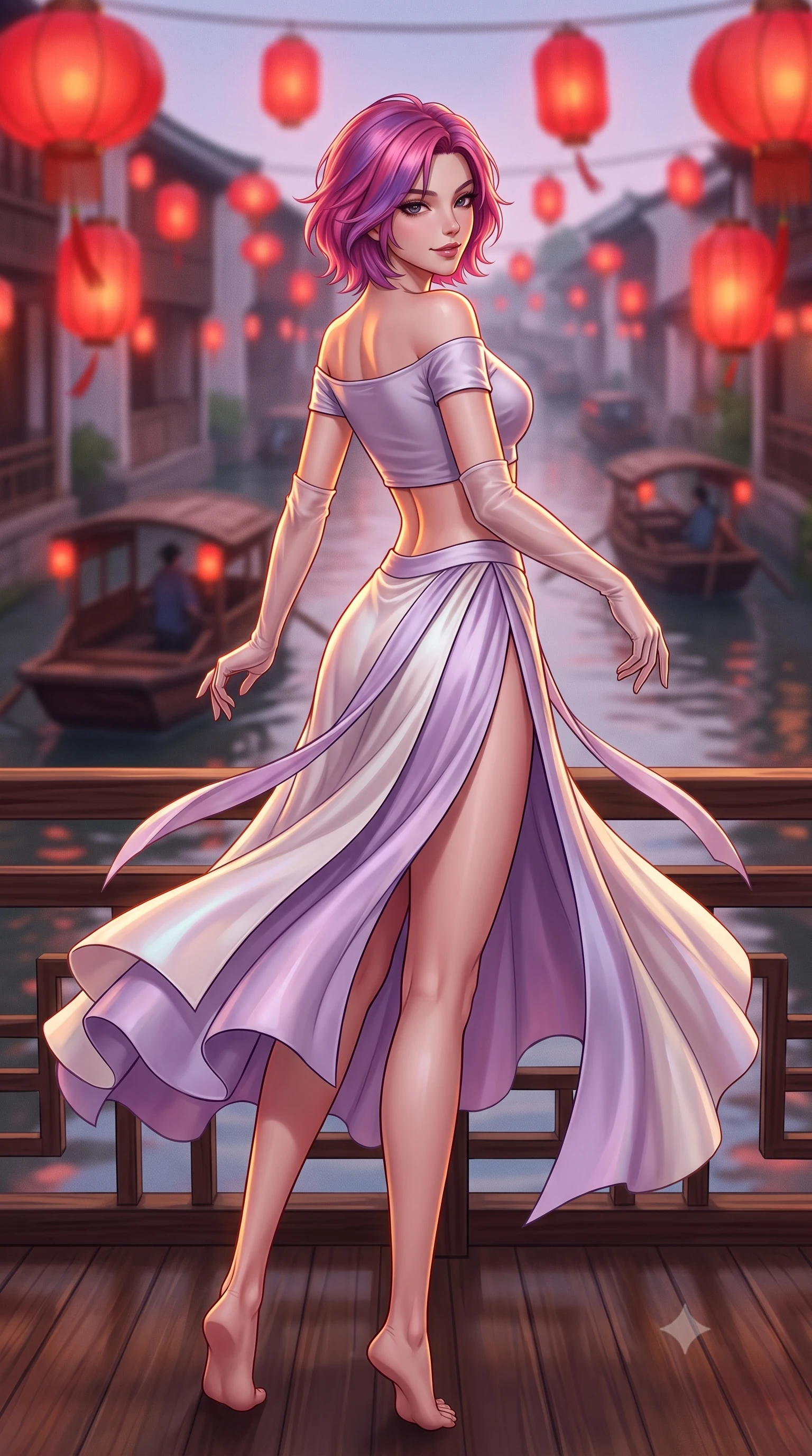 score_9, masterpiece, best quality, ultra-detailed, high-budget anime keyframe, semi-realistic 3D game render, editorial fashion photography, tasteful artistic composition, Caucasian woman. low angle full-body shot from head to toe showing her feet, filling the entire 9:16 vertical frame with her statuesque presence, stretching her vertical silhouette. executing a graceful dancer pivot turn as her layered silk chima skirt flutters around her slender legs, glancing over her shoulder with an intoxicating bedroom-gaze while sitting perched on the carved wooden balcony railing above the tranquil canal, arching her back with a playful, teasing smile as wooden sampans pass. The background shows a soft-focus red silk lanterns swaying in the breeze above the slow-moving canal softened in poetic Suzhou shallow focus. She has an absolutely perfect, statuesque 8.5-heads proportion, an exceptionally tall and slender model-like female figure with impossibly long slender legs, an ultra-slim waist, a flat toned midriff, narrow delicate ribcage, and beautifully sculpted feminine hips creating a graceful, slim hourglass silhouette without any bulky heaviness. sharp v-shaped jawline, high-bridge nose, intricate jewel-like dark sparkling almond eyes with depth, thick lashes, glossy parted lips with a natural rose-plum sheen, bright alluring and coquettish smile with bedroom-eyes, exuding both timeless oriental elegance and sovereign high-fashion allure, flawlessly proportioned anatomical accuracy, strict slender model proportions, natural body alignment, perfectly sculpted long slender limbs, ultra-slim waistline, clean dynamic posture without body distortion. wearing a modern two-piece fusion set with an off-shoulder crop blouse and high-slit wrap skirt tracing her curvaceous hips in frosted lilac mist and pearlescent alabaster, made of supple second-skin stretch silk jersey clinging flawlessly to her form, complemented by delicate sheer silk fingerless gloves reaching past her elbows, the precision-cut side hip slits and low-back scoop framing her graceful spine and the sensual sweep of her slim, toned hips. illuminated by red lantern glow and sharp amber-gold rim lights defining her sculpted collarbones, ultra-slim waist, and curvy hips. highly saturated vibrant anime colors, detailed shading with soft gradients, rich glossy textures, high-contrast stereoscopic depth, volumetric dynamic lighting, master piece, 9:16 ratio