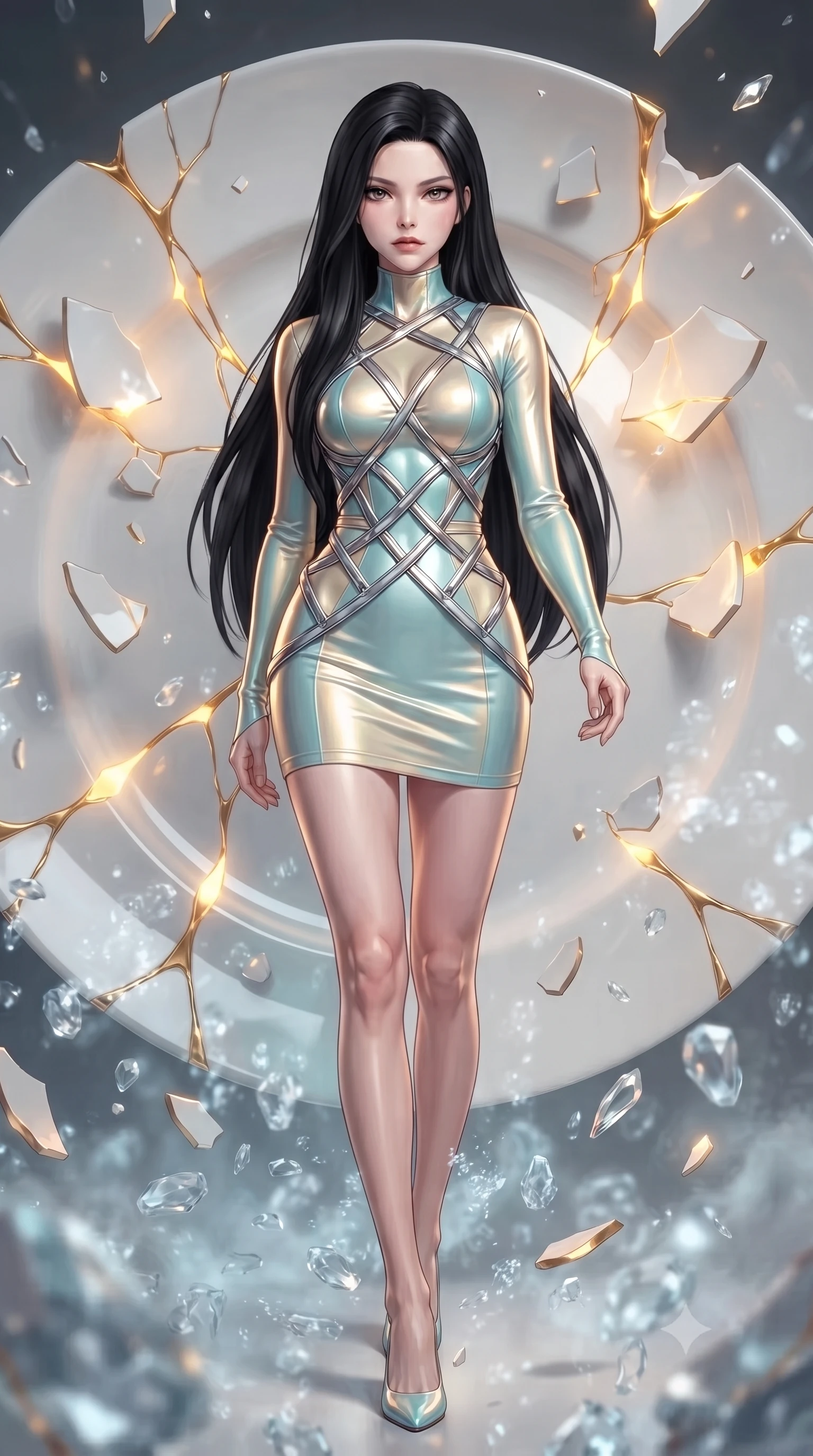 score_9, masterpiece, best quality, ultra-detailed, high-budget anime keyframe, editorial fashion photography, tasteful artistic composition, Korean woman. low angle full-body shot from head to toe showing her feet, filling the entire 9:16 vertical frame with her statuesque presence, stretching her vertical silhouette. forging confidently through the floating crystal mist, holding a poised statuesque stance, standing before a giant porcelain ceramic plate joined with liquid golden kintsugi veins, shattered porcelain shards suspended gracefully in zero-gravity. She has an absolutely perfect, statuesque 8.5-heads proportion, an exceptionally tall and slender model-like female figure with impossibly long slender legs and an ultra-slim waist. sharp v-shaped jawline, high-bridge nose, intricate jewel-like eyes with depth, thick eyelashes, glossy lips with a natural sheen. wearing glove-like fit pale turquoise latex bodycon mini dress in champagne gold, made of high-gloss liquid pearl vinyl, highlighted by a platinum metallic harness structure, sculpting her athletic slender build with refined precision. illuminated by warm golden kintsugi glow radiating from opal porcelain cracks. ultra-reflective glossy finish, specular highlights, metallic sheen, high-contrast stereoscopic depth, volumetric dynamic lighting, 2k, ultra detail, master piece, 9:16 ratio
