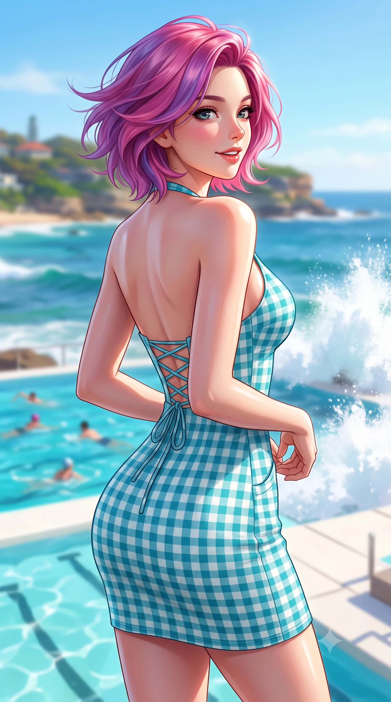 score_9, masterpiece, best quality, ultra-detailed, high-budget anime keyframe, semi-realistic 3D game render, editorial fashion photography, tasteful artistic composition, Caucasian woman. close-up cowboy shot from the waist and thighs up, the character dominates the composition, filling the frame with her large presence. posing in an alluring rear three-quarter angle, turning over a bare shoulder with an intoxicating cute smile, her hips cocked back to highlight her slim hourglass curve while turning in an alluring dancer S-curve as ocean trade winds whip her hair, gazing toward crashing white surf with parted glossy lips. The composition keeps background elements in soft focus with dreamy creamy bokeh. iconic iceberg pool swimmers and coastal headlands softened in vibrant Australian shallow focus. She has an exceptionally elegant, slender, and willowy female figure with an ultra-slim waist, flat toned midriff, narrow ribcage, and sculpted feminine hips creating an alluring, slim hourglass silhouette without bulk. sharp v-shaped jawline, high-bridge nose, intricate jewel-like sparkling eyes with depth, thick eyelashes, glossy parted lips with a natural peach sheen, bright cheerful beaming smile with an enchanting and coquettish sensual glint, exuding both youthful cute charm and seductive allure, flawlessly proportioned anatomical accuracy, strict slender model proportions, natural body alignment, perfectly sculpted long slender limbs, ultra-slim waistline, clean dynamic posture without body distortion. wearing a backless lace-up gingham sundress with a form-fitting bodice and hip-defining silhouette in ocean turquoise and sea-salt white, crafted from soft cozy cashmere yarn with an airy drape, finished with neat front wooden buttons and delicate pocket details, the glove-like silhouette tightly following the natural contour of her hips and long slender legs with youthful 8.5-heads elegance. illuminated by intense specular sea reflections sharply carving her razor-sharp jawline, narrow waist, and curvy hips. highly saturated vibrant anime colors, detailed shading with soft gradients, rich glossy textures, high-contrast stereoscopic depth, volumetric dynamic lighting, master piece, 9:16 ratio