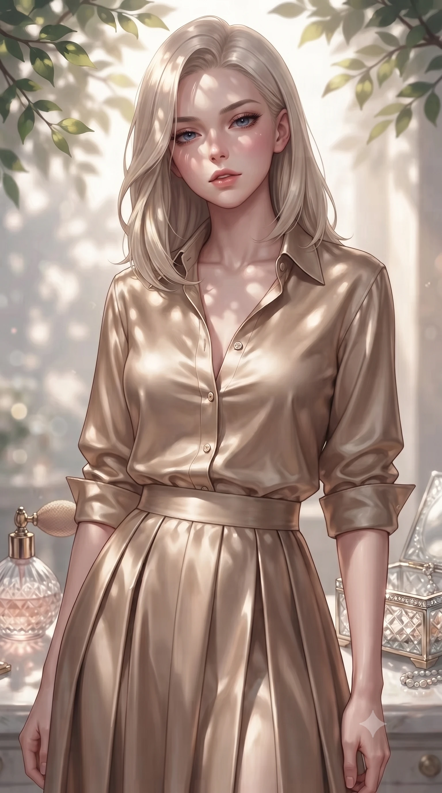 score_9, masterpiece, best quality, ultra-detailed, high-budget anime keyframe, editorial fashion photography, tasteful artistic composition, Caucasian woman. close-up cowboy shot from the waist and thighs up, the character dominates the composition, filling the frame with her large presence, background elements kept in soft focus. looking down at the viewer beneath lowered lashes with a quiet, smoldering confidence and parted lips set against a soft-focus background of inside an exclusive coastal veranda with a vintage perfume atomizer and crystal jewelry box reflecting soft light. She has an exceptionally elegant, slender, and willowy female figure with an ultra-slim waist, a gracefully sculpted slender torso, and a refined silhouette. sharp v-shaped jawline, high-bridge nose, intricate jewel-like eyes with depth, thick eyelashes, glossy lips with a natural sheen. wearing form-contouring warm beige liquid satin casual linen button-down shirt paired with a flowy pleated midi skirt featuring refined tailored seams. highlighted by dappled sunlight filtering through leafy branches, creating soft organic patterns. ultra-reflective glossy finish, specular highlights, metallic sheen, high-contrast stereoscopic depth, volumetric dynamic lighting, 2k, ultra detail, master piece, 9:16 ratio