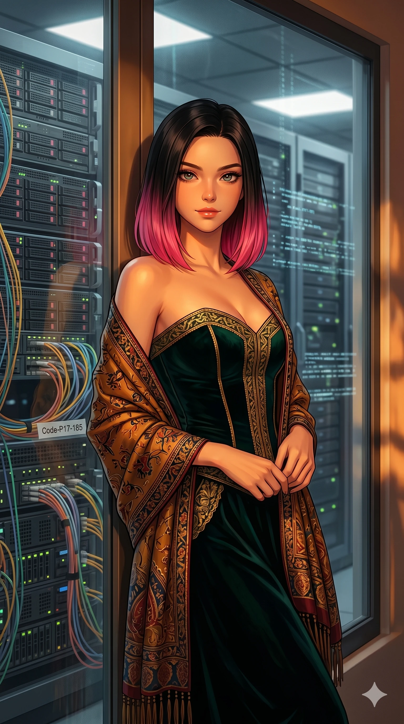 score_9, masterpiece, best quality, ultra-detailed, high-budget anime keyframe, editorial fashion photography, tasteful artistic composition, Korean woman. cowboy shot from the thighs up, character and outfit filling the frame for maximum editorial presence. leaning against the glass window, looking directly into the lens with a composed half-smile inside a digital server mainframe with fiber cables (Code-P17-185). She has an absolutely perfect 8-heads proportion, an exceptionally tall and slender female figure with impossibly long slender legs and an ultra-slim waist. V-shaped jawline, high-bridge nose, intricate jewel-like eyes with depth, thick eyelashes, glossy lips with a natural sheen. wearing a dark velvet structured bodice combined with a fine patterned embroidery shawl. warm amber firelight casting dancing shadows and a soft golden glow over her features. 2k, ultra detail, master piece, 9:16 ratio