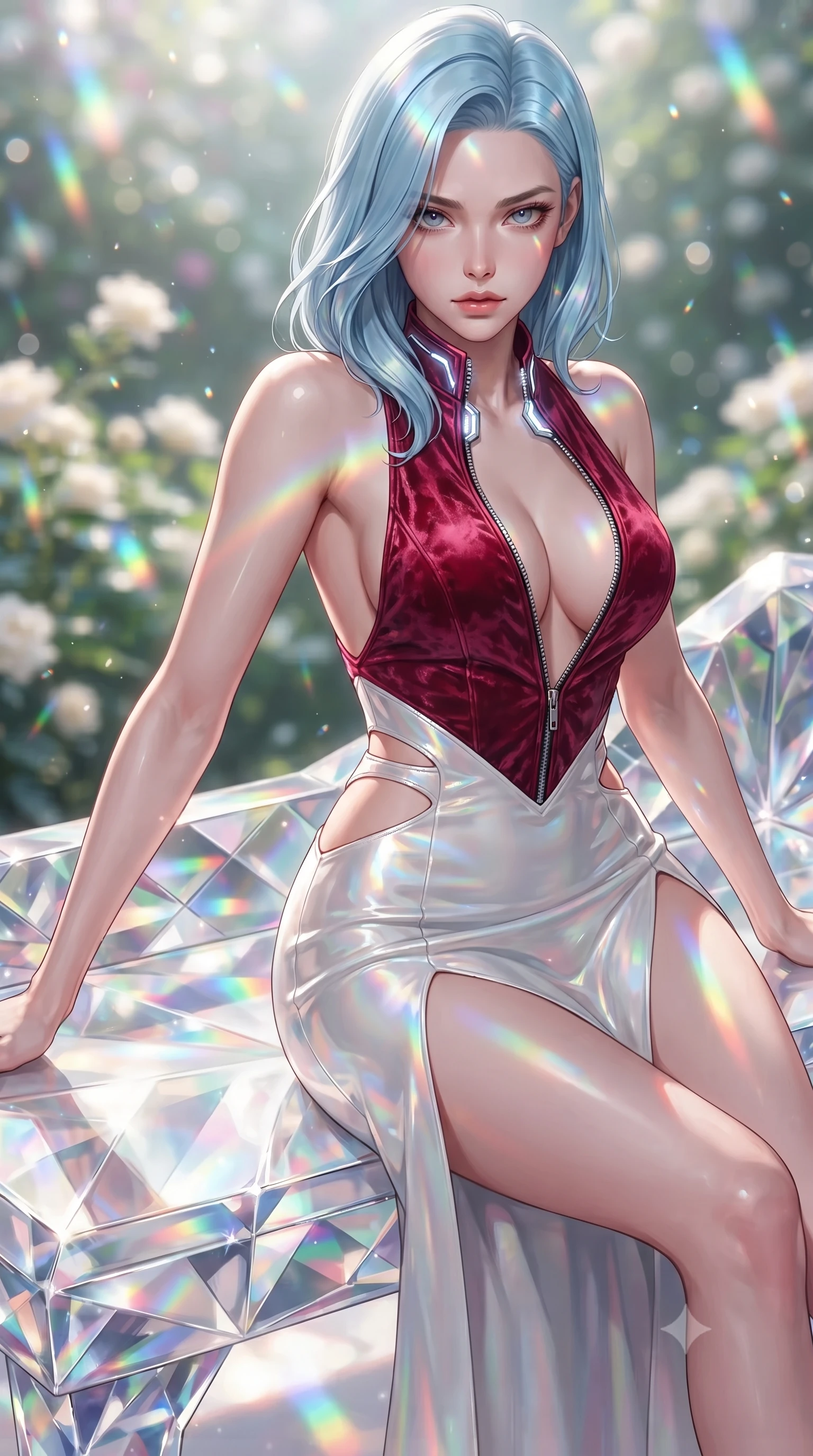 score_9, masterpiece, best quality, ultra-detailed, high-budget anime keyframe, editorial fashion photography, tasteful artistic composition, Korean woman. close-up cowboy shot from the waist and thighs up, the character dominates the composition, filling the frame with her large presence. gazing directly into the lens with bedroom eyes and a breathtaking, dangerous allure that commands the entire composition while stretching forward with an alluring S-curve silhouette on a crystal garden bench as rainbow light bands cross her skin. The composition keeps background elements in soft focus with creamy bokeh. glistening morning dew droplets scattering prismatic light motes across a luminous backdrop. She has an exceptionally elegant, slender, and willowy female figure with an ultra-slim waist, a gracefully sculpted slender torso, toned flat midriff, and a refined slim silhouette. sharp v-shaped jawline, high-bridge nose, intricate jewel-like eyes with depth, thick eyelashes, glossy lips with a natural sheen, flawlessly proportioned anatomical accuracy, strict slender model proportions, natural body alignment, perfectly sculpted long slender limbs, ultra-slim waistline, clean dynamic posture without body distortion. wearing a backless crimson crushed velvet gown with a deep plunging V-neckline, strategic hip cutouts, and an ultra-high thigh slit in glistening liquid pearl white with rainbow opalescence, crafted from ultra-reflective second-skin latex with a high-gloss glass-like polish, featuring a dangerously unzipped neckline framed by glowing cybernetic accents, the precision-cut daring openings accentuating her delicate midriff, graceful bare collarbones, and ultra-slim feminine waistline. illuminated by fresh botanical ambient radiance and sparkling specular highlights tracing her curves. ultra-reflective glossy finish, specular highlights, metallic sheen, high-contrast stereoscopic depth, volumetric dynamic lighting, 2k, ultra detail, master piece, 9:16 ratio