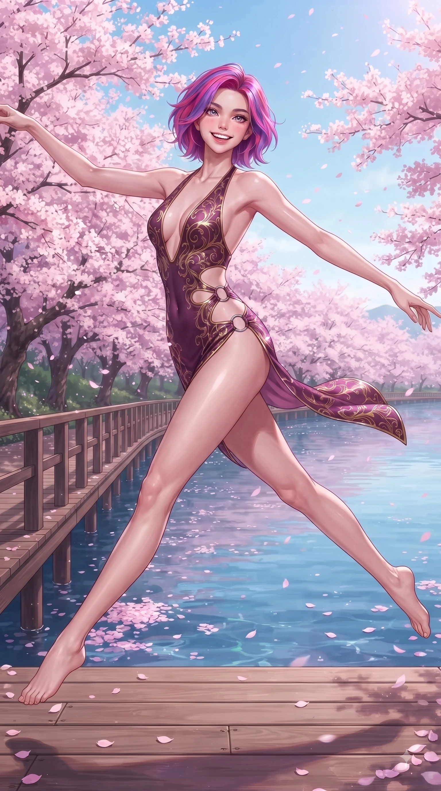 score_9, masterpiece, best quality, ultra-detailed, high-budget anime keyframe, editorial fashion photography, tasteful artistic composition, Caucasian woman. low angle full-body shot from head to toe showing her feet, filling the entire 9:16 vertical frame with her statuesque presence, stretching her vertical silhouette. leaping with pure joy through mid-air with a radiant bright smile, her impossibly long slender legs stretched in perfect balance while leaping with a beaming happy smile along a wooden lakeside boardwalk lined with sakura trees, dense canopies of pink cherry blossoms scattering petals across the clear blue lake. She has an absolutely perfect, statuesque 8.5-heads proportion, an exceptionally tall and slender model-like female figure with impossibly long slender legs and an ultra-slim waist. sharp v-shaped jawline, high-bridge nose, intricate jewel-like eyes with depth, thick eyelashes, glossy lips with a natural sheen, flawlessly proportioned anatomical accuracy, natural body alignment, perfectly sculpted elegant limbs, clean dynamic posture without body distortion. wearing a deep-scoop halter bodycon dress with hip cutouts connected by silver rings in plum purple and gold filigree, woven from fine semi-opaque sheer organza, accented with delicate chrome ring hardware framing her waist, the sleek second-skin texture accentuating her magnetic presence. illuminated by soft glowing pink ambient light and clear sky refractions. ultra-reflective glossy finish, specular highlights, metallic sheen, high-contrast stereoscopic depth, volumetric dynamic lighting, 2k, ultra detail, master piece, 9:16 ratio