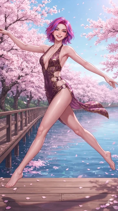 score_9, masterpiece, best quality, ultra-detailed, high-budget anime keyframe, editorial fashion photography, tasteful artistic composition, Caucasian woman. low angle full-body shot from head to toe showing her feet, filling the entire 9:16 vertica