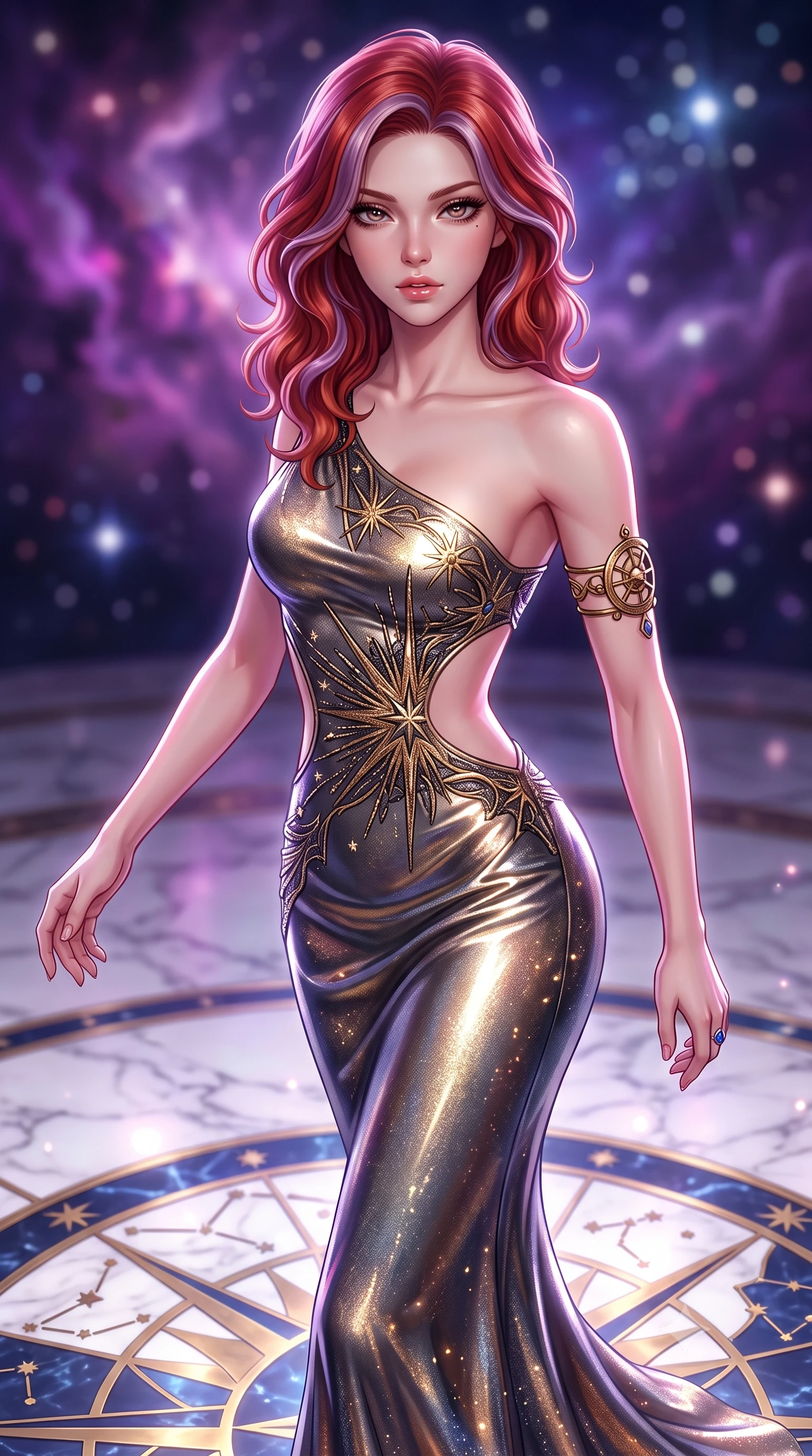 score_9, masterpiece, best quality, ultra-detailed, high-budget anime keyframe, semi-realistic 3D game render, editorial fashion photography, tasteful artistic composition, Caucasian woman. close-up cowboy shot from the waist and thighs up, the character dominates the composition, filling the frame with her large presence. leaning back with relaxed seductive grace, her sculpted collarbones and narrow waist highlighted as she casts smoldering bedroom-eyes directly into the camera while striding across the illuminated marble star-chart floor, hips swaying with sovereign cosmic empress charisma. The composition keeps background elements in soft focus with creamy bokeh. swirling violet and magenta nebula clouds and distant star clusters blurred into celestial indigo, pink, and diamond-white bokeh. She has an exceptionally elegant, slender, and willowy female figure with an ultra-slim waist, a gracefully sculpted slender torso, toned flat midriff, and rounded feminine hips creating an alluring hourglass silhouette. sharp v-shaped jawline, high-bridge nose, intricate jewel-like eyes with depth, thick eyelashes, glossy parted lips with a natural sheen, intensely captivating and seductive bedroom-eyes expression, flawlessly proportioned anatomical accuracy, strict slender model proportions, natural body alignment, perfectly sculpted long slender limbs, ultra-slim waistline, clean dynamic posture without body distortion. wearing an asymmetric one-shoulder metallic gown with celestial starburst embroidery and bare side cutouts in molten starlight gold and dark gunmetal, crafted from luxurious metallic lamé that shifts radiance like distant stars, accessorized with an intricate brass astrolabe armlet and sapphire ring, the liquid-tight tailored fabric clinging flawlessly to her narrow waist and rounded feminine hips, emphasizing every millimeter of her sculpted hourglass curves during movement. illuminated by starlight edge lights carving her slender waist, bare collarbones, and feminine hip line. highly saturated vibrant anime colors, detailed shading with soft gradients, rich glossy textures, high-contrast stereoscopic depth, volumetric dynamic lighting, master piece, 9:16 ratio