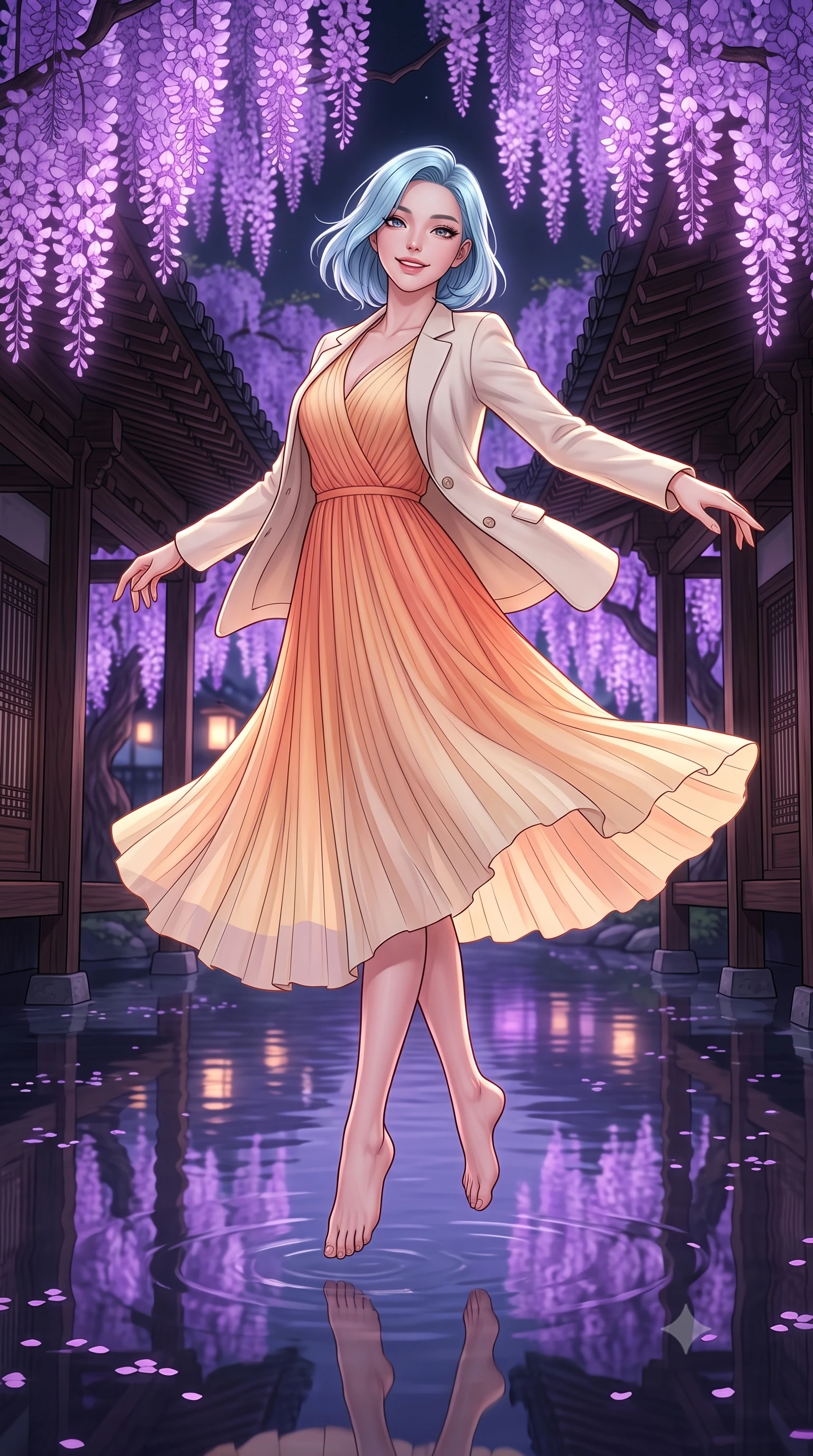 score_9, masterpiece, best quality, ultra-detailed, high-budget anime keyframe, editorial fashion photography, tasteful artistic composition, Korean woman. low angle full-body shot from head to toe showing her feet, filling the entire 9:16 vertical frame with her statuesque presence, stretching her vertical silhouette. pirouetting mid-air with a playful grin inside in a traditional wooden shrine courtyard surrounded by giant wisteria trees with glowing purple flowers hanging over a calm, reflecting river. She has a statuesque 8.5-heads proportion, an exceptionally tall, slender and willowy model-like build with impossibly long legs and a highly sculpted ultra-slim waist. sharp v-shaped jawline, high-bridge nose, intricate jewel-like eyes with depth, thick eyelashes, glossy lips with a natural sheen. wearing a flowing pleated chiffon midi dress in a sunset apricot gradient, layered under a light ivory knit blazer. soft purple bioluminescent light from the flowers casting gentle reflections on the water and wooden structures. 2k, ultra detail, master piece, 9:16 ratio