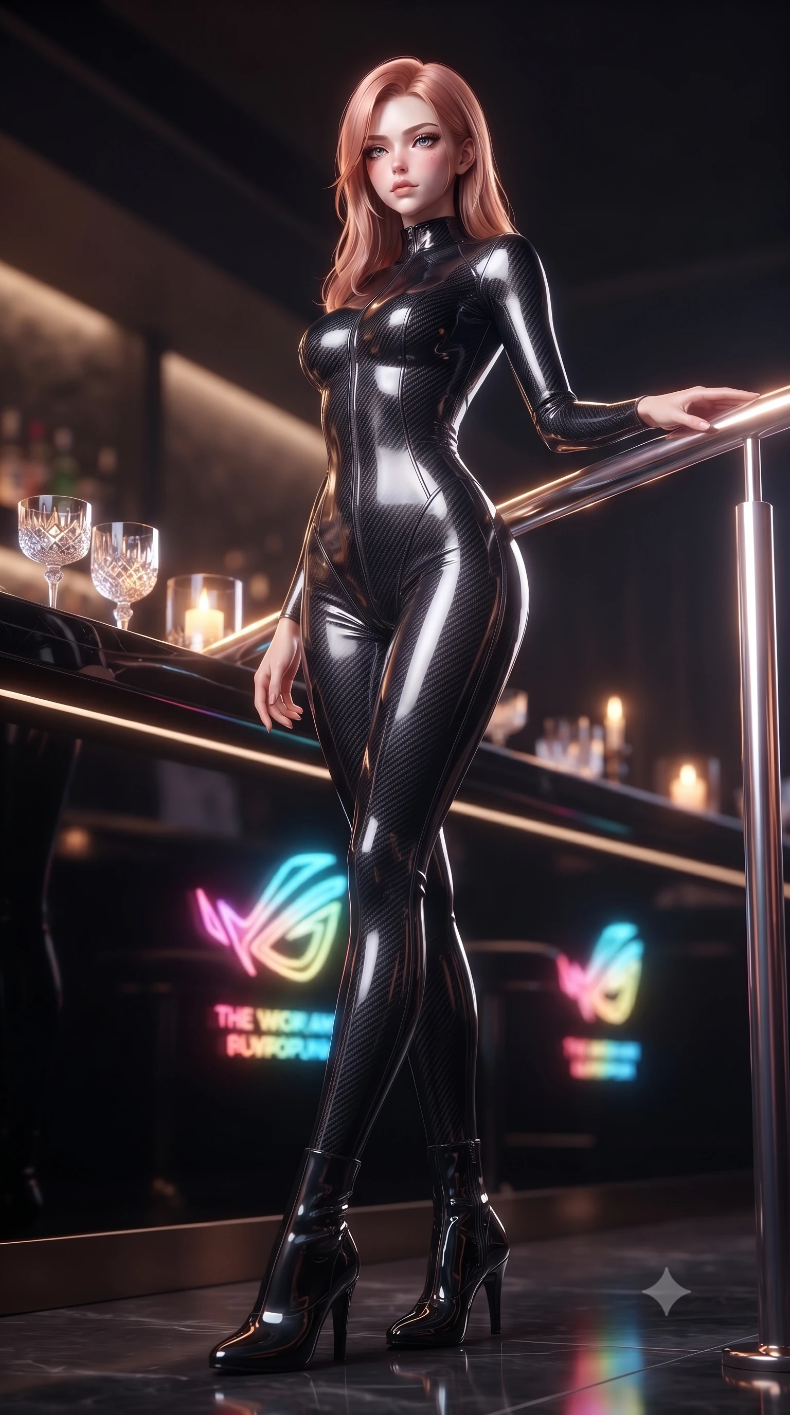 score_9, masterpiece, best quality, ultra-detailed, high-budget anime keyframe, editorial fashion photography, tasteful artistic composition, Japanese woman. low angle full-body shot from head to toe showing her feet, filling the entire 9:16 vertical frame with her statuesque presence, stretching her vertical silhouette. standing in a tall, confident posture with one hand on a glowing metal railing, stretching her statuesque body, the background shows a soft-focus a lounge bar with a polished obsidian counter reflecting neon logos. She has an absolutely perfect, statuesque 8.5-heads proportion, an exceptionally tall and slender model-like female figure with impossibly long slender legs and an ultra-slim waist. sharp v-shaped jawline, high-bridge nose, intricate jewel-like eyes with depth, thick eyelashes, glossy lips with a natural sheen. wearing a form-contouring skin-tight carbon-fiber pattern pilot bodysuit with a high-gloss finish, tracing every contour of her slender silhouette. soft starlight and warm candlelight refracting through crystal glasses. ultra-reflective glossy finish, specular highlights, metallic sheen, high-contrast stereoscopic depth, volumetric dynamic lighting, 2k, ultra detail, master piece, 9:16 ratio