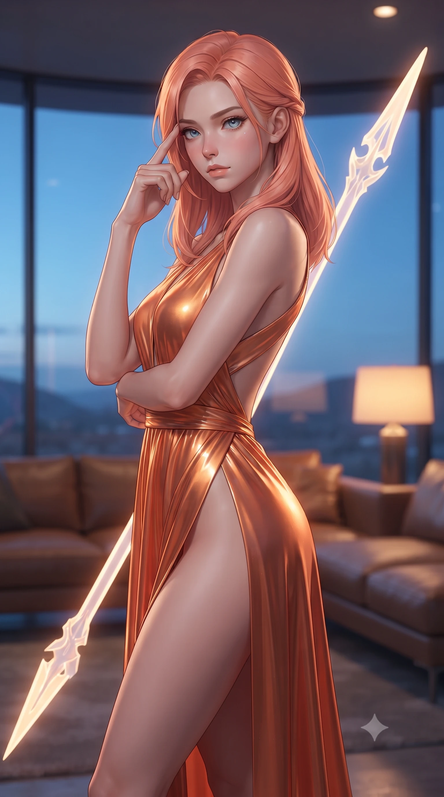 score_9, masterpiece, best quality, ultra-detailed, high-budget anime keyframe, editorial fashion photography, tasteful artistic composition, Japanese woman. close-up cowboy shot from the waist and thighs up, the character dominates the composition, filling the frame with her large presence, background elements kept in soft focus. pressing two fingers to her temple while holding a light-spear diagonally behind her in a composed thoughtful gesture, the background shows a soft-focus a modern desert dome lounge with leather sofas and large panoramic windows. She has an exceptionally elegant, slender, and willowy female figure with an ultra-slim waist, a gracefully sculpted slender torso, and a refined silhouette. sharp v-shaped jawline, high-bridge nose, intricate jewel-like eyes with depth, thick eyelashes, glossy lips with a natural sheen. wearing a tailored high-slit space combat gown in sunset orange chiffon, featuring a daring thigh-slit and an open-back design. cool blue twilight sky glow contrasting with the warm amber glow of a bedside lamp. ultra-reflective glossy finish, specular highlights, metallic sheen, high-contrast stereoscopic depth, volumetric dynamic lighting, 2k, ultra detail, master piece, 9:16 ratio