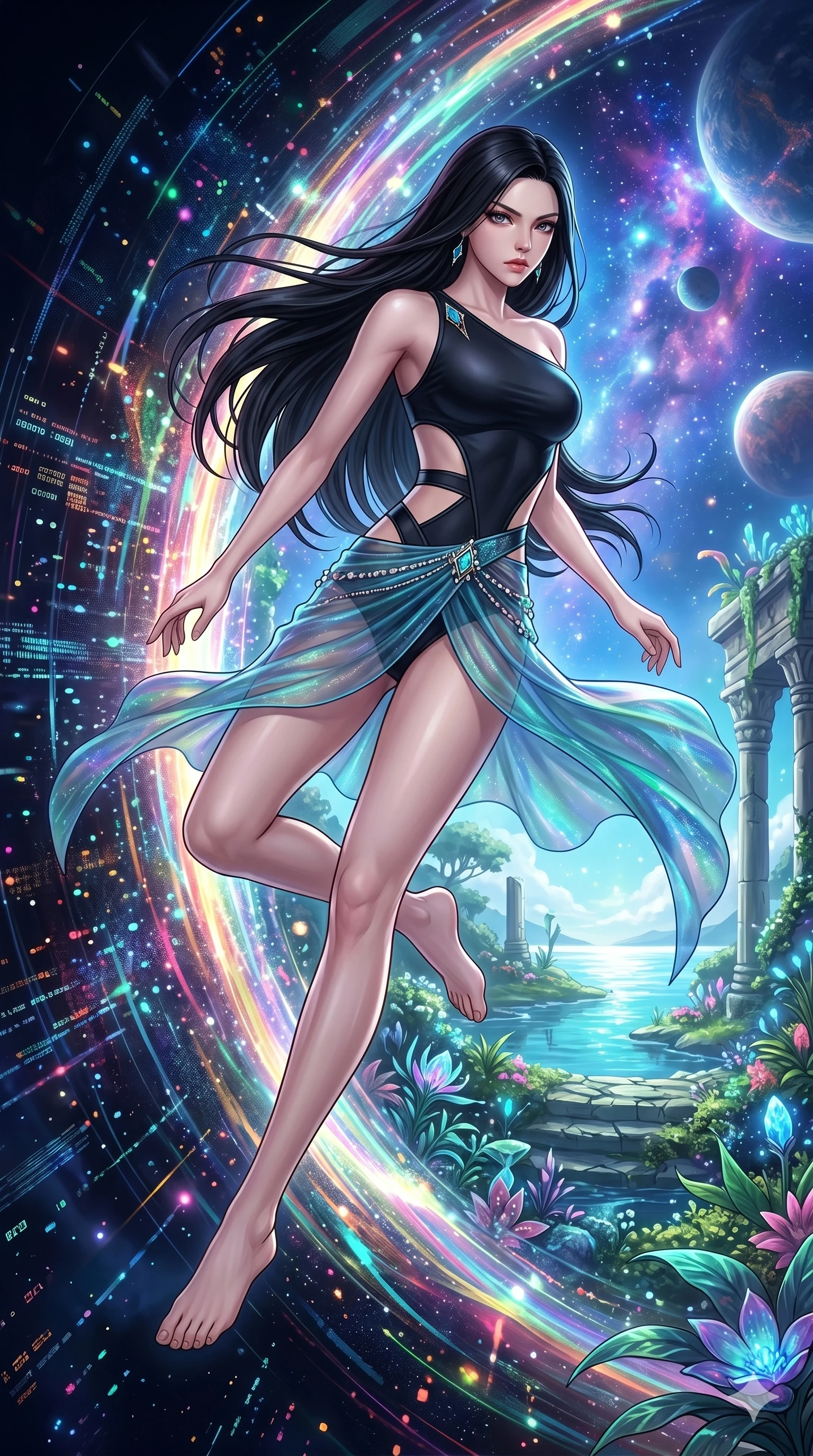 score_9, masterpiece, best quality, ultra-detailed, Set C: High-budget Anime Keyframe, Korean woman. Low angle cowboy shot filling the entire 9:16 frame with her statuesque presence. Leaping through a portal of swirling light and color into a celestial garden. She has an absolutely perfect 8-heads proportion, an exceptionally tall and slender female figure with elegant long slender legs and an slender waist. Sharp v-shaped jawline, high-bridge nose, intricate jewel-like eyes with depth, thick eyelashes, glossy lips. Wearing a Seasonal/Resort outfit: sleek one-piece with a sheer sarong and side cut-outs. Background is a bright and colorful transition between a digital void and a lush floating paradise. 2k, ultra detail, master piece, 9:16 ratio