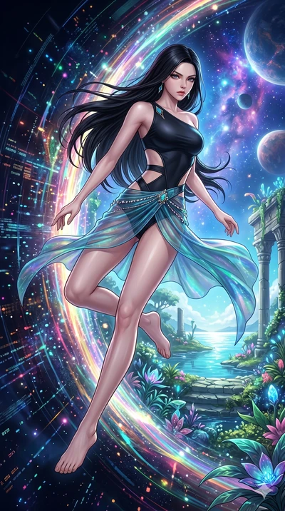 score_9, masterpiece, best quality, ultra-detailed, Set C: High-budget Anime Keyframe, Korean woman. Low angle cowboy shot filling the entire 9:16 frame with her statuesque presence. Leaping through a portal of swirling light and color into a celesti