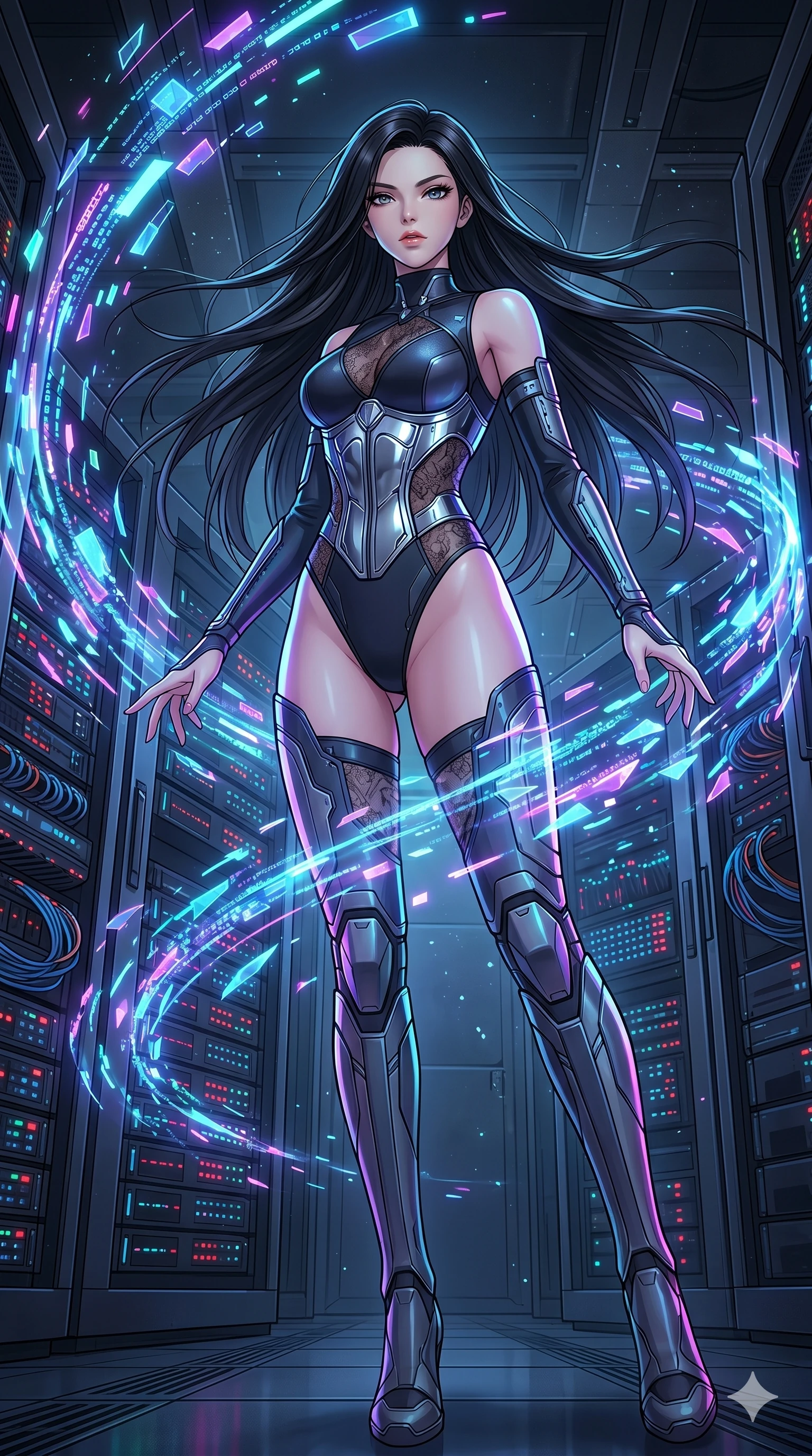 score_9, masterpiece, best quality, ultra-detailed, high-budget anime movie keyframe, cinematic anime lighting, intricate line art, Caucasian (strictly human ears) anime girl. Low angle cowboy shot capturing a powerful motion and statuesque presence. summoning a whirlwind of glowing data-shards in a server room. She has an absolutely perfect 8-heads proportion, an exceptionally tall and slender female figure with an ultra-slim waist and impossibly long slender legs. strictly human anatomy, two legs only, no extra limbs, clearly defined legs and arms, perfect anatomy, perfect hands and fingers. sharp v-shaped jawline, high-bridge nose, intricate jewel-like eyes, thick eyelashes, glossy lips. Wearing Cyber-Tech Legacy: Asymmetrical high-cut tech-bodysuit with detached sleeves and chrome-plated corset over sheer lace. The scene is illuminated by dramatic atmospheric lighting and vibrant color palettes. , 2k, ultra detail, master piece, 9:16 ratio
