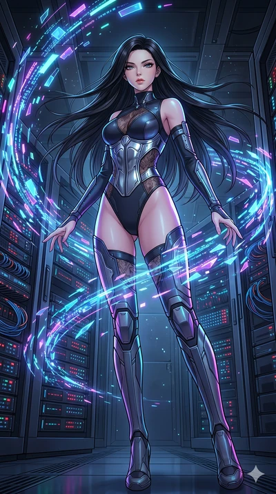 score_9, masterpiece, best quality, ultra-detailed, high-budget anime movie keyframe, cinematic anime lighting, intricate line art, Caucasian (strictly human ears) anime girl. Low angle cowboy shot capturing a powerful motion and statuesque presence.