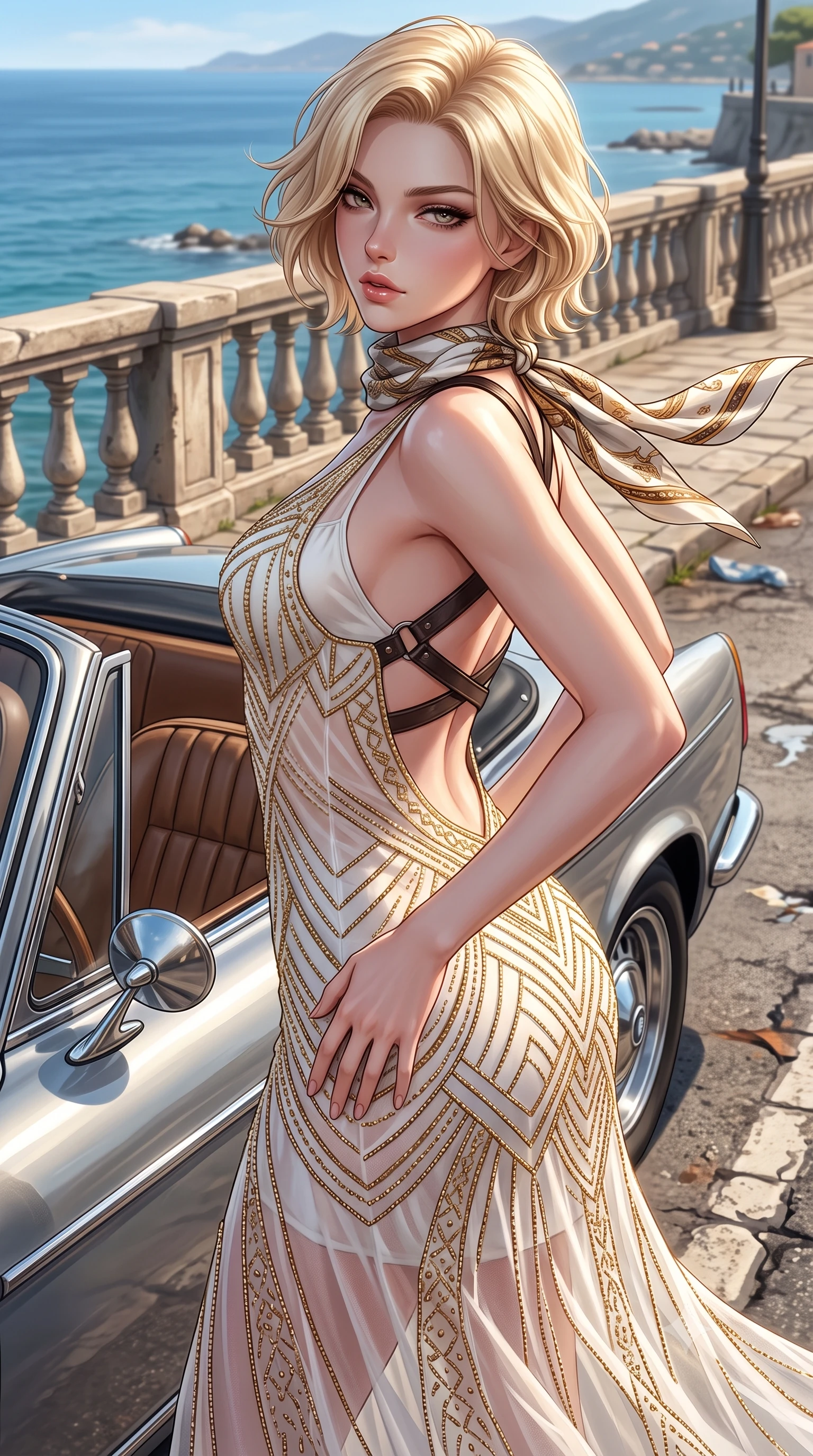 score_9, masterpiece, best quality, ultra-detailed, high-budget anime keyframe, semi-realistic 3D game render, editorial fashion photography, tasteful artistic composition, Caucasian woman. close-up cowboy shot from the waist and thighs up, the character dominates the composition, filling the frame with her large presence. arching her spine backward with effortless dancer poise, one hand sliding along her hip line as directional light carves specular highlights along her silhouette while striding gracefully along the coastal corniche as sea winds flutter her open silk scarf, hips swaying in an alluring supermodel rhythm. The surrounding environment is rendered in vivid detail and crisp panoramic clarity. sharp vintage car chrome accents, stitched leather seat seams, and weathered stone railing in deep focus. She has an exceptionally elegant, slender, and willowy female figure with an ultra-slim waist, flat toned midriff, narrow ribcage, and sculpted feminine hips creating an alluring, slim hourglass silhouette without bulk. sharp v-shaped jawline, high-bridge nose, intricate jewel-like eyes with depth, thick eyelashes, glossy parted lips with a natural sheen, intensely captivating and seductive bedroom-eyes expression, flawlessly proportioned anatomical accuracy, strict slender model proportions, natural body alignment, perfectly sculpted long slender limbs, ultra-slim waistline, clean dynamic posture without body distortion. wearing a sheer vintage mesh flapper dress adorned with intricate geometric beadwork over an opaque silk slip in pure alabaster white and sun-kissed gold, made of sheer contouring power-mesh with velvet flocking patterns, featuring an open-back criss-cross harness strap in dark leather, the second-skin form-contouring cut accentuating her sculpted flat midriff, narrow delicate ribcage, and gracefully curvy hips with supermodel precision. surrounded by a carefree, elite, and irresistibly magnetic Saint-Tropez heiress aura. highly saturated vibrant anime colors, detailed shading with soft gradients, rich glossy textures, high-contrast stereoscopic depth, volumetric dynamic lighting, master piece, 9:16 ratio
