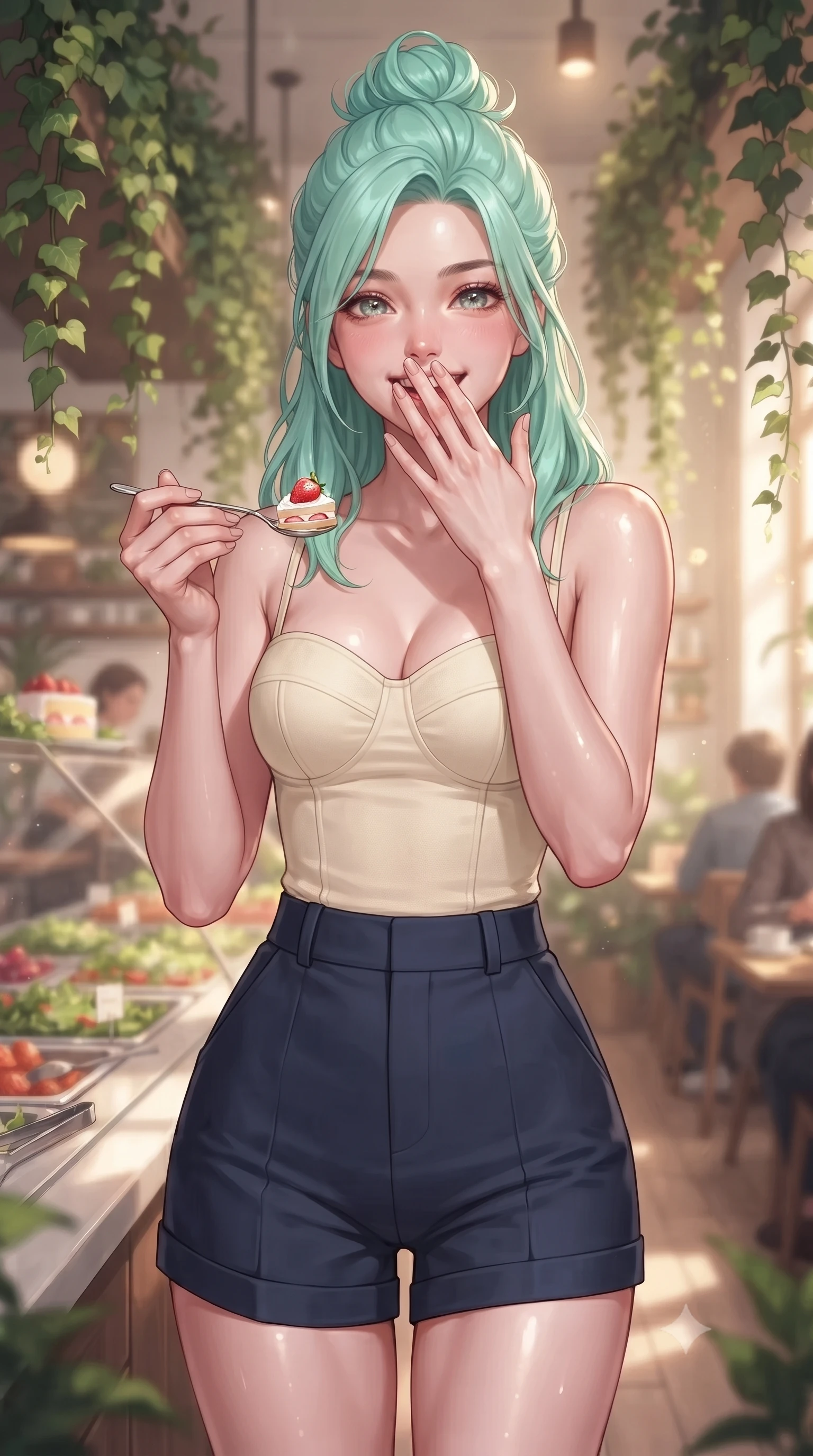 score_9, masterpiece, best quality, ultra-detailed, high-budget anime keyframe, editorial fashion photography, tasteful artistic composition, Japanese woman. close-up cowboy shot from the waist and thighs up, the character dominates the composition, filling the frame with her large presence, background elements kept in soft focus. giggling cutely behind her hand, her eyes sparkling with joy and bright energy set against a soft-focus background of at a quiet window table of an organic salad bar filled with hanging ivy holding a spoon with a bite of strawberry cake, smiling happily at the camera. She has an exceptionally elegant, slender, and willowy female figure with an ultra-slim waist, a gracefully sculpted slender torso, and a refined silhouette. sharp v-shaped jawline, high-bridge nose, intricate jewel-like eyes with depth, thick eyelashes, glossy lips with a natural sheen. wearing slim-fit tailored cotton bustier top paired with high-waist tailored shorts. gentle, warm ambient lighting highlighting the delicious food and her face. ultra-reflective glossy finish, specular highlights, metallic sheen, high-contrast stereoscopic depth, volumetric dynamic lighting, 2k, ultra detail, master piece, 9:16 ratio
