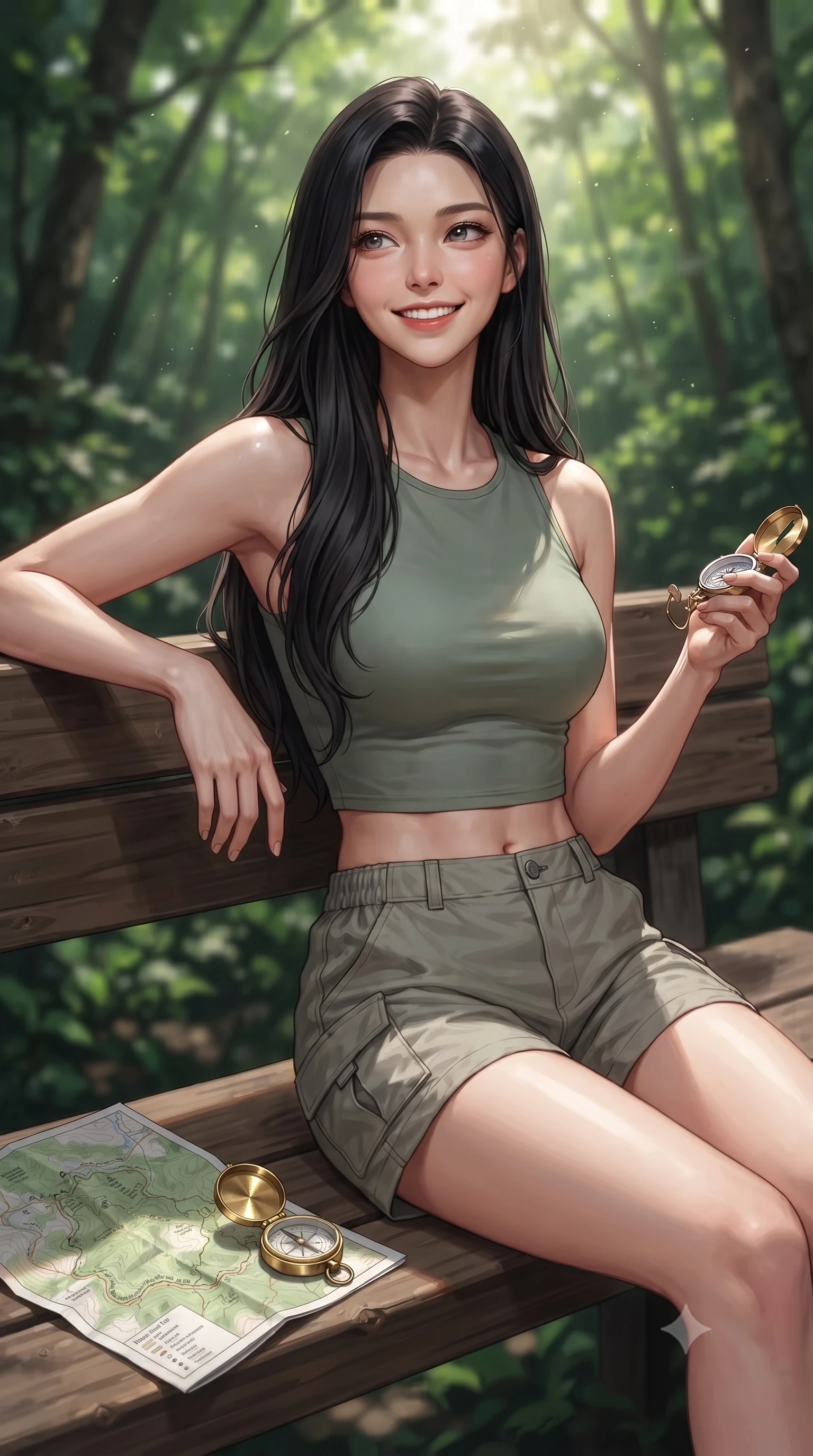 score_9, masterpiece, best quality, ultra-detailed, high-budget anime keyframe, editorial fashion photography, tasteful artistic composition, Korean woman. close-up cowboy shot from the waist and thighs up, the character dominates the composition, filling the frame with her large presence, background elements kept in soft focus. gazing past the camera with a happy, bright expression and a warm smile set against a soft-focus background of at a rest area along a scenic valley hiking trail with wooden benches with a small compass and a map of the forest trail on a nearby bench. She has an exceptionally elegant, slender, and willowy female figure with an ultra-slim waist, a gracefully sculpted slender torso, and a refined silhouette. sharp v-shaped jawline, high-bridge nose, intricate jewel-like eyes with depth, thick eyelashes, glossy lips with a natural sheen. wearing slim-fit stylish crop top in sage green, paired with lightweight cargo shorts. dappled sunbeams filtering through the dense green forest canopy. ultra-reflective glossy finish, specular highlights, metallic sheen, high-contrast stereoscopic depth, volumetric dynamic lighting, 2k, ultra detail, master piece, 9:16 ratio
