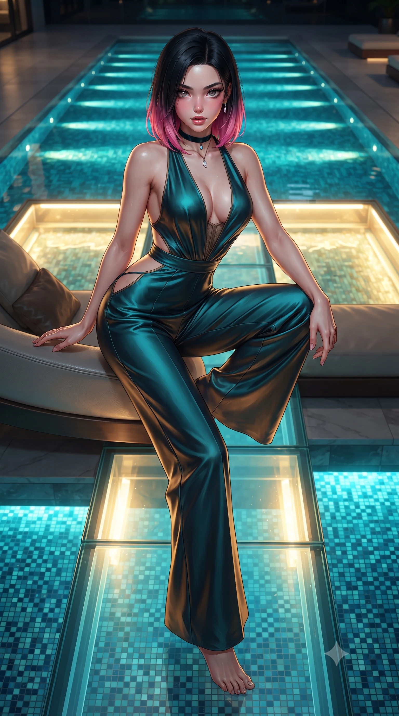 score_9, masterpiece, best quality, ultra-detailed, high-budget anime keyframe, editorial fashion photography, tasteful artistic composition, Korean woman. close-up cowboy shot from the waist and thighs up, the character dominates the composition, filling the frame with her large presence. perched sideways on the lounge seat, one knee drawn up to showcase her slender leg line while her arched back accentuates her feminine hip curve while standing poised on the narrow transparent glass catwalk hovering over the illuminated pool, arching her spine with breathtaking daring. The surrounding environment is rendered in vivid detail and crisp panoramic clarity: detailed strapless boned corset top weave, diamond choker shine, and high-tech luxury pool architecture in high resolution. She has an exceptionally elegant, slender, and willowy female figure with an ultra-slim waist, flat toned midriff, narrow ribcage, and sculpted feminine hips creating an alluring, slim hourglass silhouette without bulk. sharp v-shaped jawline, high-bridge nose, sparkling eyes with hypnotic seductive depth, thick curled eyelashes, glossy parted lips with a natural dewy peach sheen, alluring bedroom-eyes with an enchanting coquettish smile, exuding magnetic siren charisma and sophisticated glamour, flawlessly proportioned anatomical accuracy, strict slender model proportions, natural body alignment, perfectly sculpted long slender limbs, ultra-slim waistline, clean dynamic posture without body distortion. wearing a backless plunge-front silk satin jumpsuit with fluid wide-leg silhouette and side hip cutouts in deep peacock teal and burnished antique brass, crafted from fluid liquid silk satin that clings smoothly to every curve with a dewy sheen, finished with a thin velvet ribbon choker and a single teardrop diamond pendant, the second-skin tailored fabric adhering flawlessly to her sculpted flat midriff and slender torso, emphasizing her long leg lines and perfectly proportioned willowy build. bathed in brilliant golden and cyan light radiating upward from the submerged high-resolution digital pool floor. ultra-reflective glossy finish, specular highlights, rich textural contrasts, high-contrast stereoscopic depth, volumetric dynamic lighting, 2k, ultra detail, master piece, 9:16 ratio