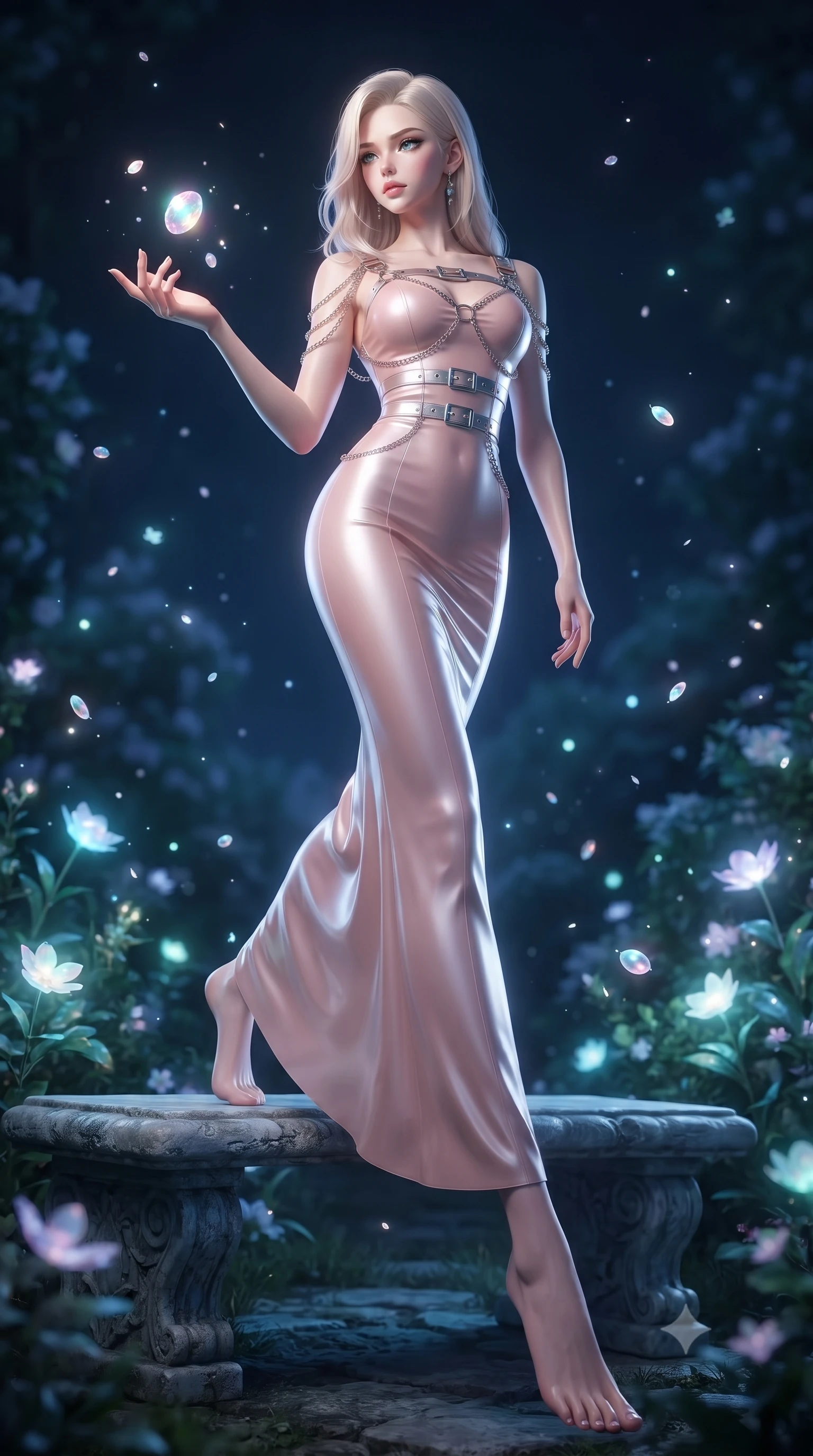 score_9, masterpiece, best quality, ultra-detailed, high-budget anime keyframe, editorial fashion photography, tasteful artistic composition, Caucasian woman. low angle full-body shot from head to toe showing her feet, filling the entire 9:16 vertical frame with her statuesque presence, stretching her vertical silhouette. interacting with floating opal particles, her long slender legs poised in motion, resting on a stone garden bench surrounded by floating bioluminescent pollen, fine glowing pollen particles drifting silently through the cool night air. She has an absolutely perfect, statuesque 8.5-heads proportion, an exceptionally tall and slender model-like female figure with impossibly long slender legs and an ultra-slim waist. sharp v-shaped jawline, high-bridge nose, intricate jewel-like eyes with depth, thick eyelashes, glossy lips with a natural sheen. wearing fitted opal-glazed silk maxi dress hugging every curve in soft blush pink, made of liquid mercury jersey, framed by polished silver buckles and delicate chain details, contouring every curve with an exceptionally elegant silhouette. surrounded by a mysterious nocturnal aura with glowing flower light. ultra-reflective glossy finish, specular highlights, metallic sheen, high-contrast stereoscopic depth, volumetric dynamic lighting, 2k, ultra detail, master piece, 9:16 ratio