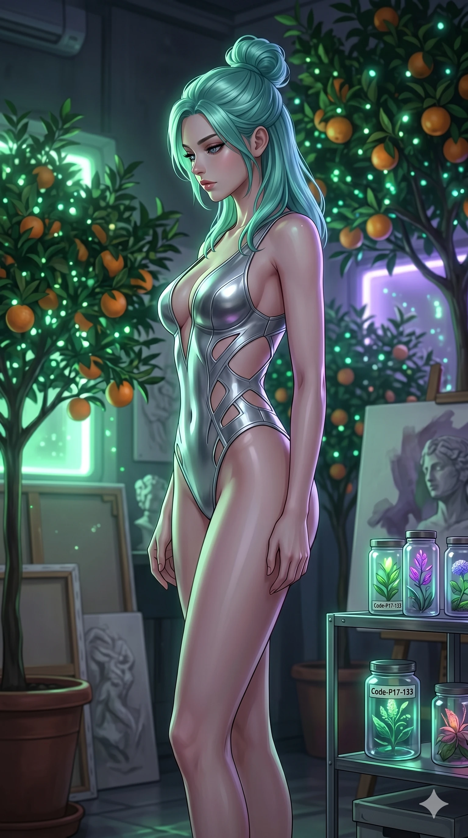 score_9, masterpiece, best quality, ultra-detailed, high-budget anime keyframe, editorial fashion photography, tasteful artistic composition, Japanese woman. cowboy shot from the thighs up, character and outfit filling the frame for maximum editorial presence. standing in a sharp profile pose, looking down with a composed expression inside an art studio with orange trees (Code-P17-133). She has an absolutely perfect 8-heads proportion, an exceptionally tall and slender female figure with impossibly long slender legs and an ultra-slim waist. V-shaped jawline, high-bridge nose, intricate jewel-like eyes with depth, thick eyelashes, glossy lips with a natural sheen. wearing a metallic bodysuit with side cutouts and plunging neck. soft green and violet bioluminescent ambient light, creating a mystical, glowing atmosphere. 2k, ultra detail, master piece, 9:16 ratio