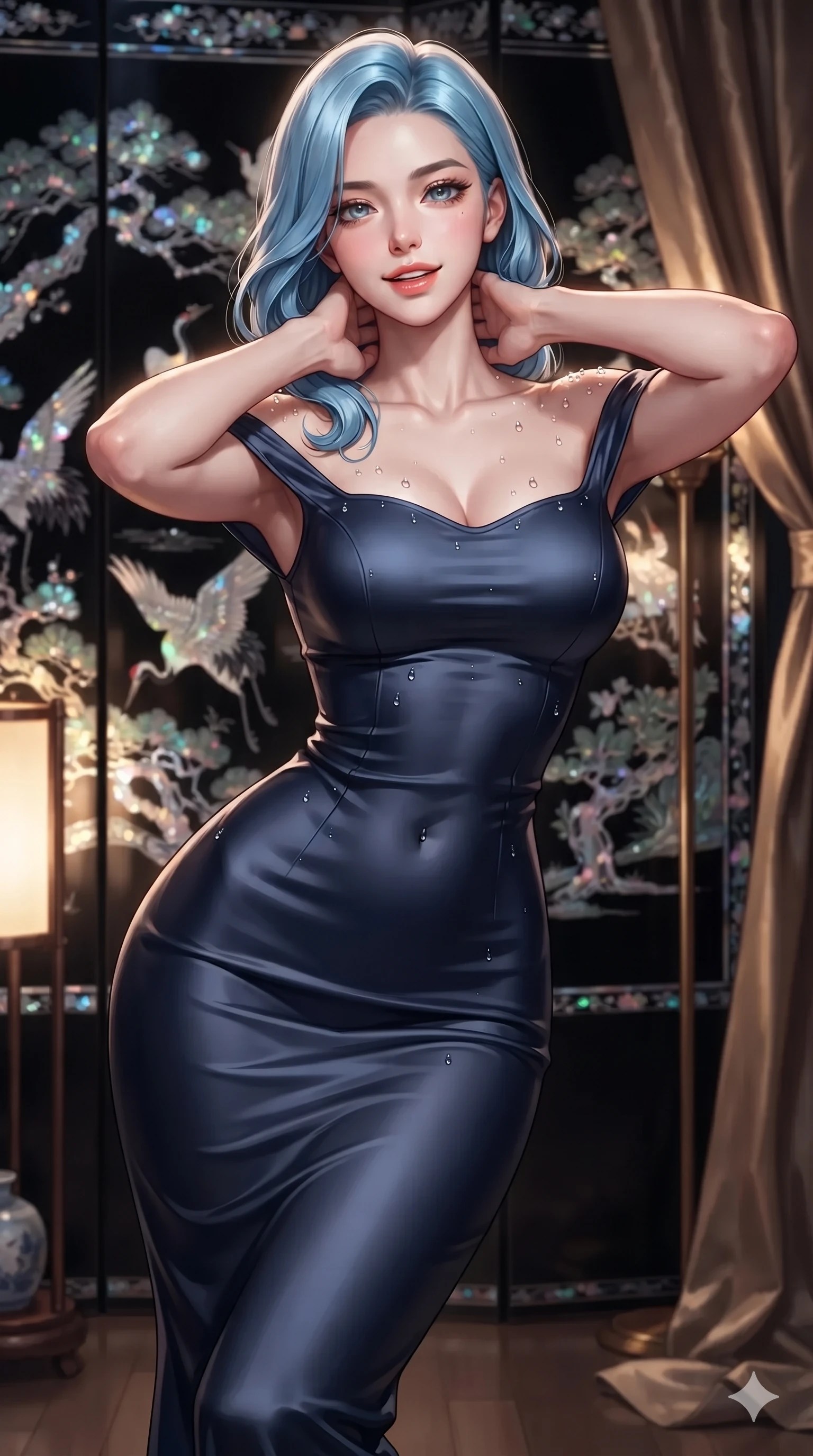 score_9, masterpiece, best quality, ultra-detailed, high-budget anime keyframe, editorial fashion photography, tasteful artistic composition, Korean woman. close-up cowboy shot from the waist and thighs up, the character dominates the composition, filling the frame with her large presence. resting both hands lightly behind her neck with elbows raised, arching her spine to highlight her narrow waist, flat midriff, and breathtaking collarbones while lounging against an opulent mother-of-pearl black lacquer screen, arching her lower back with magnetic femme fatale elegance. The background shows a soft-focus glistening mother-of-pearl cranes and pine inlay patterns, bronze floor lamps, and silk drapes blurred into iridescent pearl, amber, and obsidian bokeh. She has an exceptionally elegant, slender, and willowy female figure with an ultra-slim waist, flat toned midriff, narrow ribcage, and sculpted feminine hips creating an alluring, slim hourglass silhouette without bulk. sharp v-shaped jawline, high-bridge nose, sparkling eyes with hypnotic seductive depth, thick curled eyelashes, glossy parted lips with a natural dewy peach sheen, alluring bedroom-eyes with an enchanting coquettish smile, exuding magnetic siren charisma and sophisticated glamour, flawlessly proportioned anatomical accuracy, strict slender model proportions, natural body alignment, perfectly sculpted long slender limbs, ultra-slim waistline, clean dynamic posture without body distortion. wearing a form-contouring off-shoulder modern hanbok midi dress with traditional curved neckline and low-back scoop in midnight indigo and glowing lantern topaz, tailored from smooth liquid silk satin with a natural dewy moonlight sheen, finished with glistening drops of night dew beading across her sculpted shoulders and flat midriff, the glove-like clinging cut tightly following the natural contour of her hips and long slender legs with youthful 8.5-heads elegance. illuminated by mother-of-pearl screen iridescence bounce and sharp gold-pearl rim lights sculpting her razor-sharp jawline, narrow waist, and curvy hips. ultra-reflective glossy finish, specular highlights, rich textural contrasts, high-contrast stereoscopic depth, volumetric dynamic lighting, 2k, ultra detail, master piece, 9:16 ratio