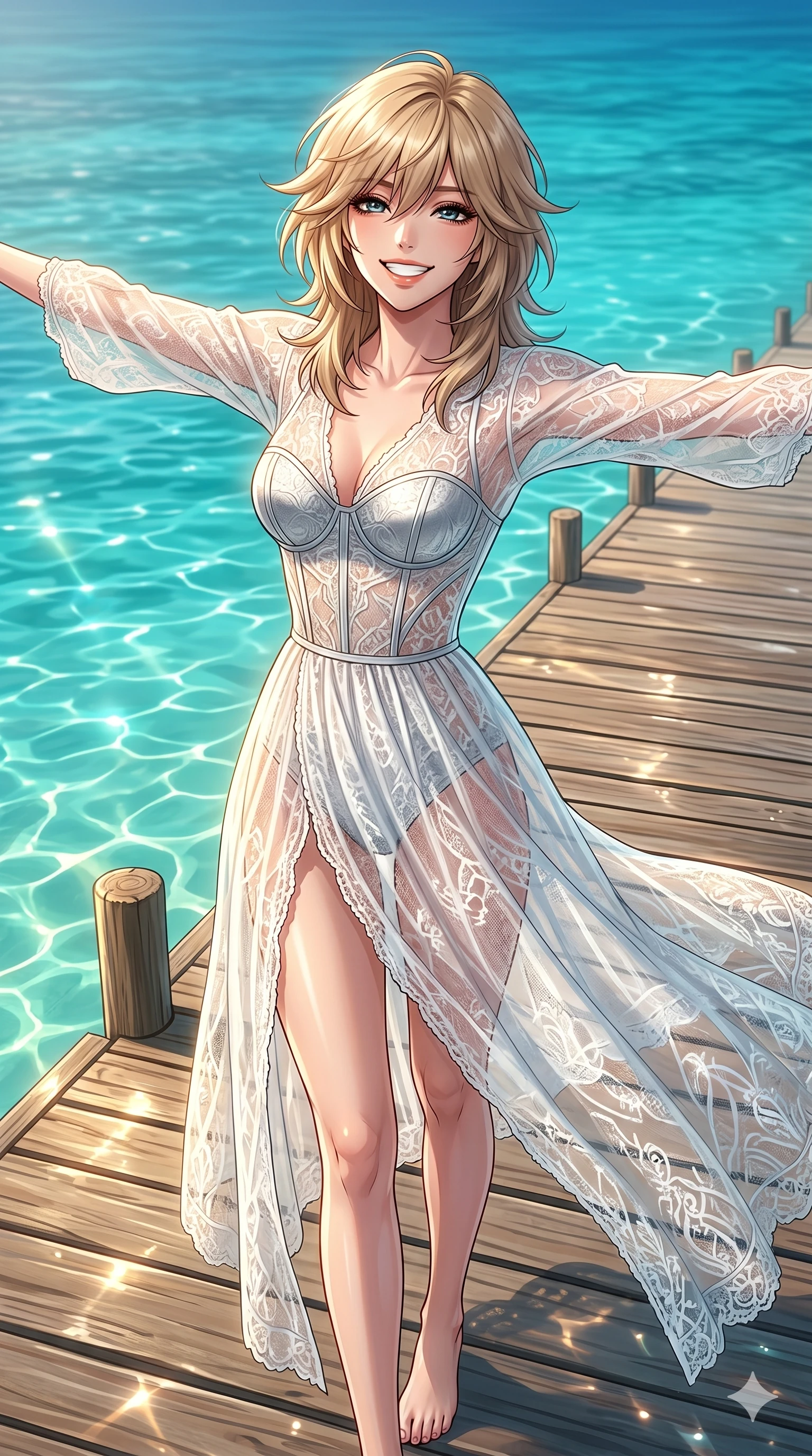 score_9, masterpiece, best quality, ultra-detailed, high-budget anime keyframe, editorial fashion photography, tasteful artistic composition, Japanese woman. cowboy shot from the thighs up, character and outfit filling the frame for maximum editorial presence. stretching her arms out with a bright, refreshed smile, enjoying the warm breeze standing on a wooden pier stretching into a turquoise ocean lagoon. She has an absolutely perfect 8-heads proportion, an exceptionally tall and slender female figure with impossibly long slender legs and an ultra-slim waist. V-shaped jawline, high-bridge nose, intricate jewel-like eyes with depth, thick eyelashes, glossy lips with a natural sheen. wearing a sheer white lace beach dress worn over a structured silver bodice. drenched in bright afternoon sunshine, with shimmering light reflections from the water. 2k, ultra detail, master piece, 9:16 ratio