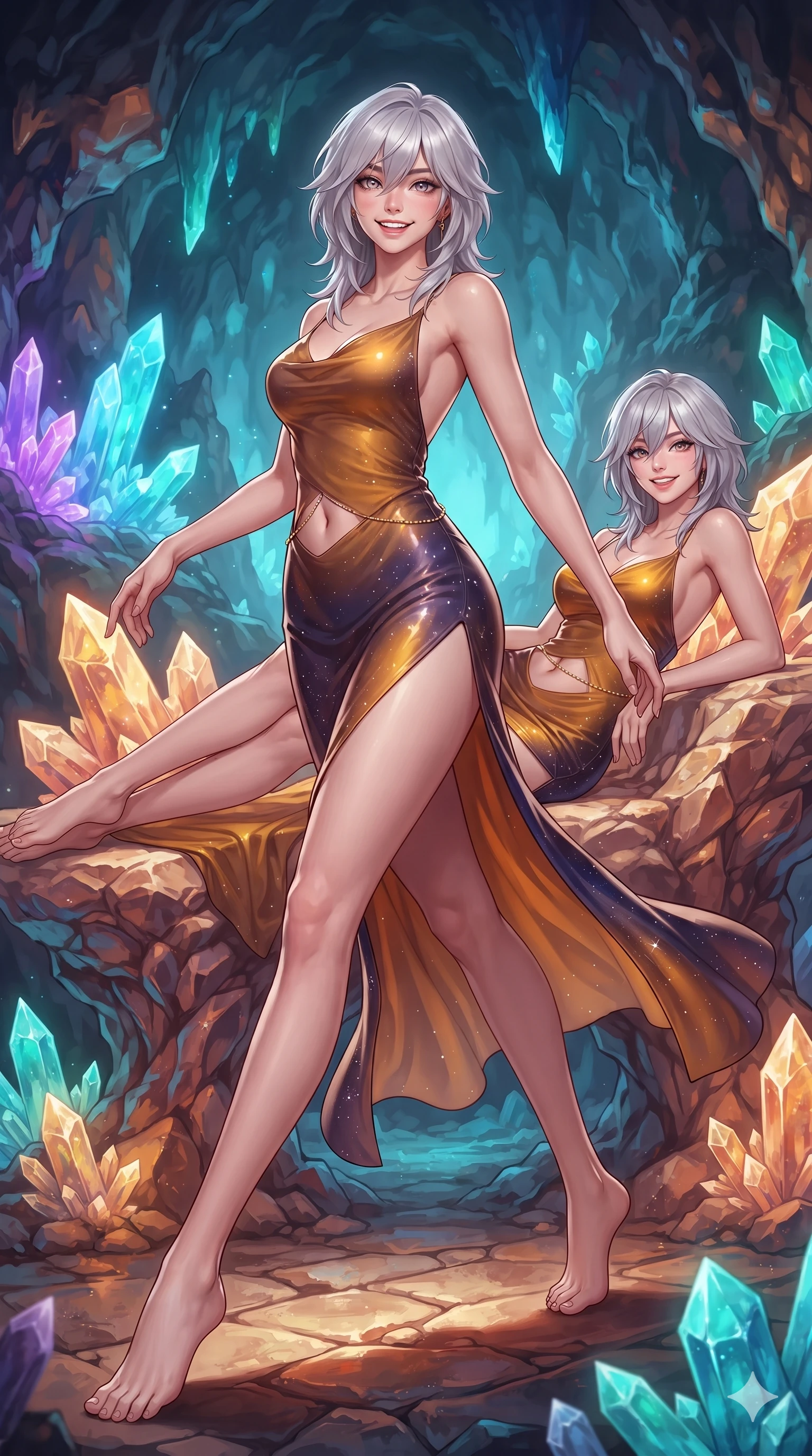 score_9, masterpiece, best quality, ultra-detailed, high-budget anime keyframe, semi-realistic 3D game render, editorial fashion photography, tasteful artistic composition, Japanese woman. low angle full-body shot from head to toe showing her feet, filling the entire 9:16 vertical frame with her statuesque presence, stretching her vertical silhouette. stepping forward in a confident stride, her long slender legs and curvaceous hips creating a dynamic, sweeping vertical line while lounging gracefully across the warm crystalline stone bench propped on one elbow with legs extended, displaying her long slender limbs and statuesque hourglass silhouette. The surrounding environment is rendered in vivid detail and crisp panoramic clarity: detailed anime keyframe lines, rich glossy textures, and magical subterranean geology in razor-sharp precision. She has an exceptionally tall and slender model-like 8.5-heads proportion, an ultra-slim waist, a flat toned midriff, narrow delicate ribcage, and beautifully sculpted feminine hips creating a graceful, slim hourglass silhouette without any bulky heaviness, with impossibly long slender legs. sharp v-shaped jawline, high-bridge nose, intricate jewel-like sparkling eyes with depth, thick eyelashes, glossy parted lips with a natural peach sheen, bright cheerful beaming smile with an enchanting and coquettish sensual glint, exuding both youthful cute charm and seductive allure, flawlessly proportioned anatomical accuracy, strict slender model proportions, natural body alignment, perfectly sculpted long slender limbs, ultra-slim waistline, clean dynamic posture without body distortion. wearing a form-contouring gossamer silk chiffon slip dress with a hip-high slit and open cowl back clinging with dewy moisture in cosmic eclipse amber and starlight diamond, tailored from high-gloss patent leather with mirror-like specular highlights, accented with a dainty gold belly chain resting across her flat midriff and curving hips, the high-slit wrap tailoring accentuating her ultra-slim waistline and the enchanting curve of her feminine hips with alluring seductive charm. bathed in the natural phosphorescent glow of ultraviolet and cyan crystals combined with warm mineral pool LEDs. highly saturated vibrant anime colors, detailed shading with soft gradients, rich glossy textures, high-contrast stereoscopic depth, volumetric dynamic lighting, master piece, 9:16 ratio