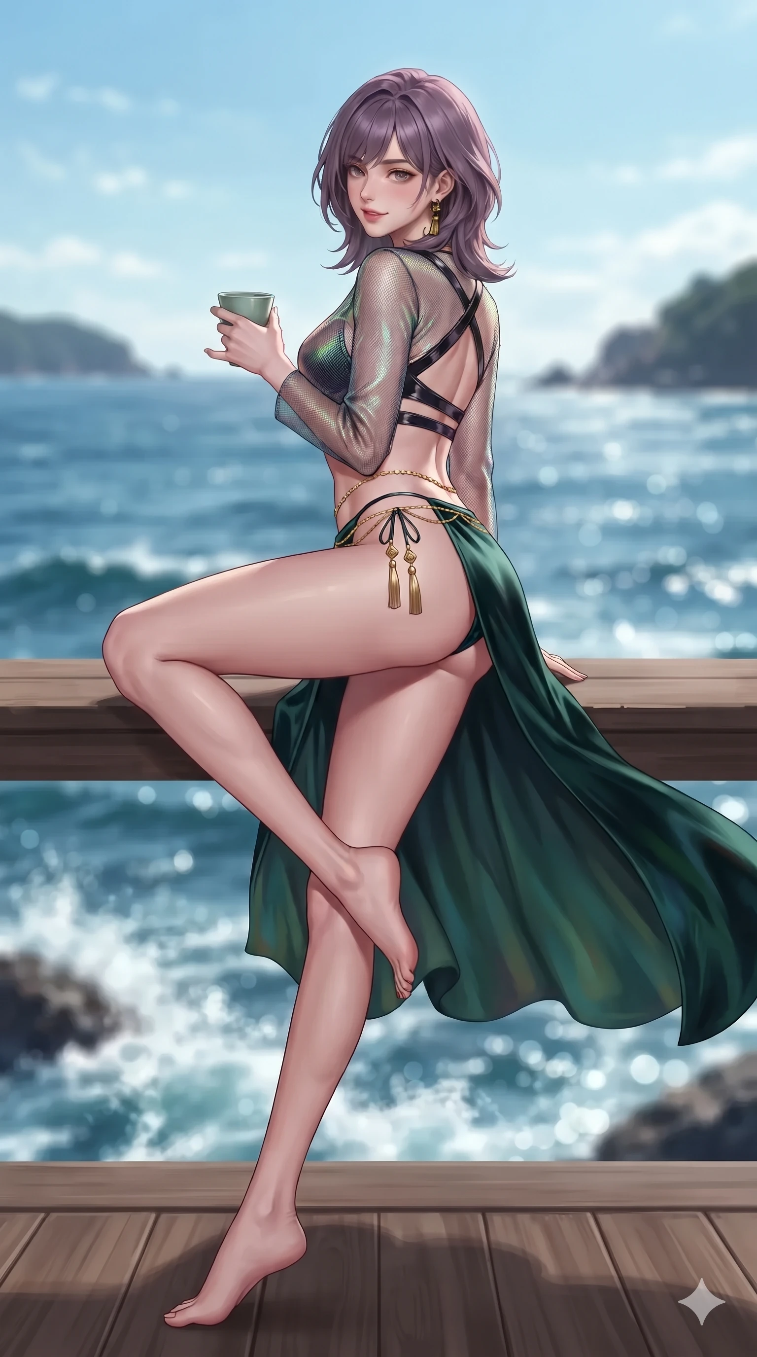score_9, masterpiece, best quality, ultra-detailed, high-budget anime keyframe, editorial fashion photography, tasteful artistic composition, Japanese woman. low angle full-body shot from head to toe showing her feet, filling the entire 9:16 vertical frame with her statuesque presence, stretching her vertical silhouette. executing a slow, graceful pivot turn as her silk wrap skirt sways around her slender legs, glancing back with an enchanting, teasing sensual expression while lounging on the wooden pavilion floor with one leg drawn up, holding a celadon wine cup with an intoxicating, teasing smile. The background shows a soft-focus churning ocean waters hundreds of feet below, distant coastal headlands, and night clouds blurred into sapphire, silver, and obsidian bokeh. She has an absolutely perfect, statuesque 8.5-heads proportion, an exceptionally tall and slender model-like female figure with impossibly long slender legs, an ultra-slim waist, a flat toned midriff, narrow delicate ribcage, and beautifully sculpted feminine hips creating a graceful, slim hourglass silhouette without any bulky heaviness. sharp v-shaped jawline, high-bridge nose, sparkling eyes with hypnotic seductive depth, thick curled eyelashes, glossy parted lips with a natural dewy peach sheen, alluring bedroom-eyes with an enchanting coquettish smile, exuding magnetic siren charisma and sophisticated glamour, flawlessly proportioned anatomical accuracy, strict slender model proportions, natural body alignment, perfectly sculpted long slender limbs, ultra-slim waistline, clean dynamic posture without body distortion. wearing a translucent iridescent mesh crop top paired with high-cut string bikini bottoms and gold norigae waist chains in dark emerald forest and brushed antique gold, tailored from crushed dark velvet with deep light-absorbing plush texture, featuring an open-back criss-cross harness strap in patent black leather, the liquid-tight tailored fabric clinging flawlessly to her narrow waist and rounded feminine hips, emphasizing every millimeter of her sculpted slim hourglass curves without any bulky heaviness. illuminated by seafoam bounce and sharp platinum-azure rim lights defining her razor-sharp jawline, narrow waist, and curvy hips. ultra-reflective glossy finish, specular highlights, rich textural contrasts, high-contrast stereoscopic depth, volumetric dynamic lighting, 2k, ultra detail, master piece, 9:16 ratio