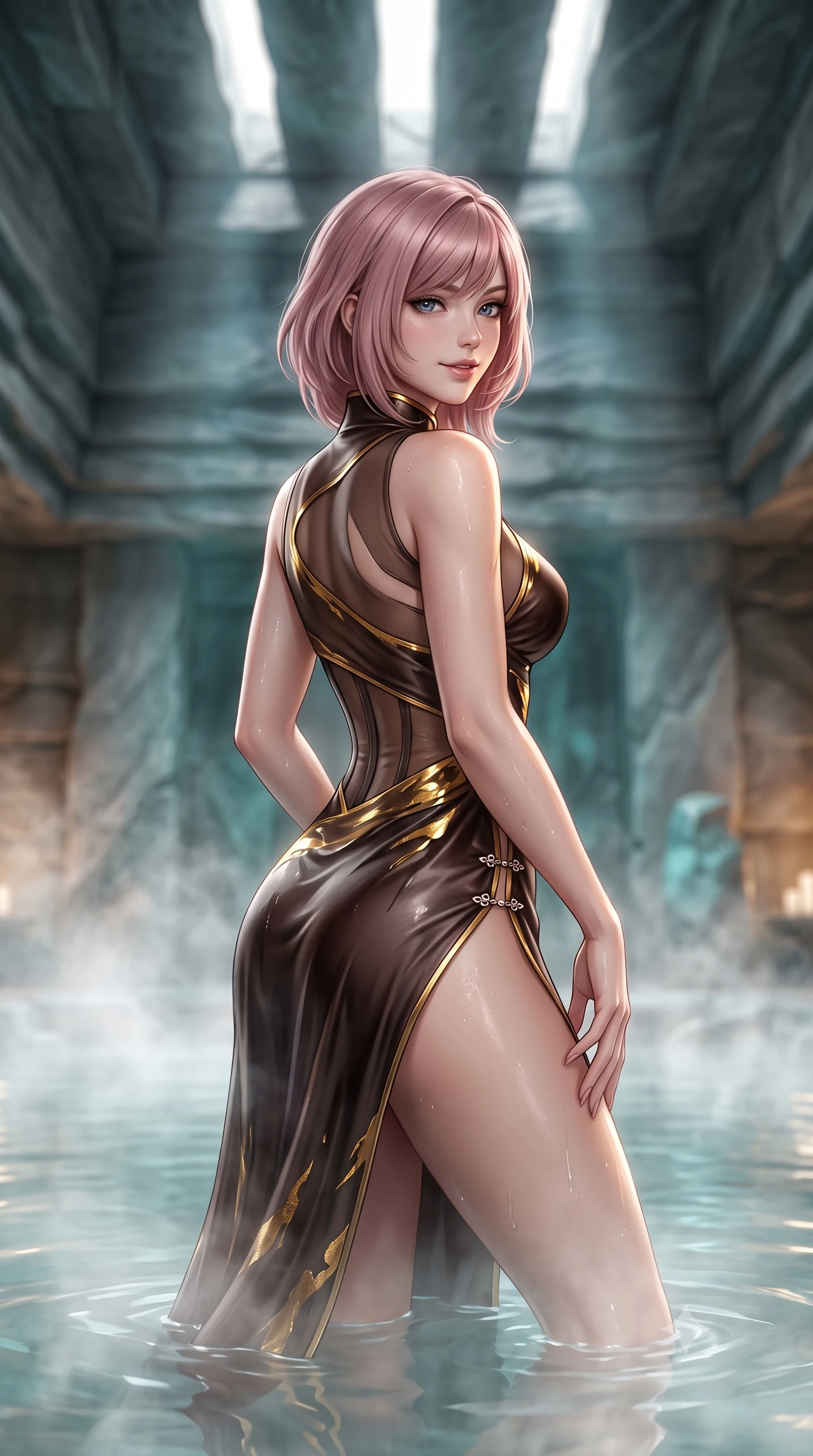 score_9, masterpiece, best quality, ultra-detailed, high-budget anime keyframe, semi-realistic 3D game render, editorial fashion photography, tasteful artistic composition, Japanese woman. close-up cowboy shot from the waist and thighs up, the character dominates the composition, filling the frame with her large presence. turning over a bare shoulder with an intoxicating, teasing smile, her soft hair framing her sharp jawline as her hips angle gracefully while wading through the steaming mineral thermal pool surrounded by monumental layered grey quartzite stone slabs, arching her lower back with serene supermodel grace. The composition keeps background elements in soft focus with creamy bokeh. narrow geometric ceiling light slits and rising thermal water vapors blurred into luminous teal, slate grey, and warm tungsten bokeh. She has an exceptionally elegant, slender, and willowy female figure with an ultra-slim waist, flat toned midriff, narrow ribcage, and sculpted feminine hips creating an alluring, slim hourglass silhouette without bulk. sharp v-shaped jawline, high-bridge nose, intricate jewel-like eyes with depth, thick eyelashes, glossy parted lips with a natural sheen, intensely captivating and seductive bedroom-eyes expression, flawlessly proportioned anatomical accuracy, strict slender model proportions, natural body alignment, perfectly sculpted long slender limbs, ultra-slim waistline, clean dynamic posture without body distortion. wearing a wet-look silk fusion wrap dress with asymmetrical sheer mesh cutouts and high Mandarin collar in dark espresso brown and molten gold foil, made of fluid silk crepe with delicate inner corsetry boning, finished with an ultra-high side slit secured by miniature jeweled clasps, the second-skin form-contouring cut accentuating her sculpted flat midriff, narrow delicate ribcage, and gracefully curvy hips with supermodel precision. bathed in dramatic narrow directional light beams cutting through ceiling fissures into the steaming stone chamber. highly saturated vibrant anime colors, detailed shading with soft gradients, rich glossy textures, high-contrast stereoscopic depth, volumetric dynamic lighting, master piece, 9:16 ratio