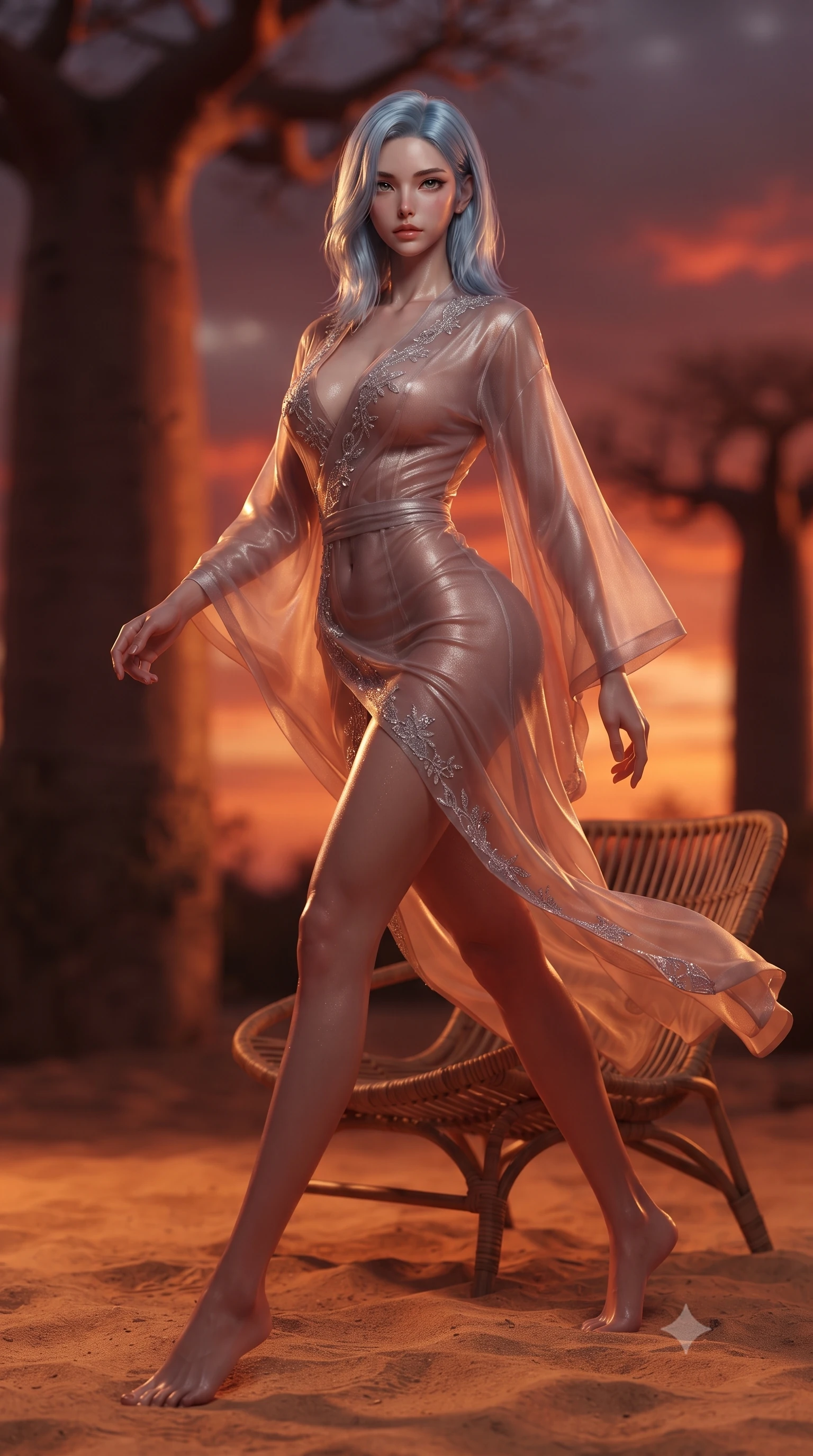 score_9, masterpiece, best quality, ultra-detailed, high-budget anime keyframe, editorial fashion photography, tasteful artistic composition, Korean woman. low angle full-body shot from head to toe showing her feet, filling the entire 9:16 vertical frame with her statuesque presence, stretching her vertical silhouette. striding forward in a proud supermodel runway stride, hips swaying in an alluring kinetic rhythm that accentuates her curvy hourglass silhouette while reclining across a low woven rattan camp chair on the ochre sand, her slender waist and feminine curves sculpted by warm crimson twilight. The composition keeps background elements in soft focus with creamy bokeh. colossal prehistoric baobab tree trunks and burning crimson-orange sky blurred into molten amber, terracotta, and deep violet bokeh. She has an exceptionally tall and slender model-like 8.5-heads proportion, an ultra-slim waist, a flat toned midriff, narrow delicate ribcage, and beautifully sculpted feminine hips creating a graceful, slim hourglass silhouette without any bulky heaviness, with impossibly long slender legs. sharp v-shaped jawline, high-bridge nose, intricate jewel-like eyes with depth, thick eyelashes, glossy parted lips with a natural sheen, intensely captivating and seductive bedroom-eyes expression, flawlessly proportioned anatomical accuracy, strict slender model proportions, natural body alignment, perfectly sculpted long slender limbs, ultra-slim waistline, clean dynamic posture without body distortion. wearing a delicate semi-translucent silk yukata that clings to her wet skin and curvy hip contours in dusky blush rose and champagne shimmer, made of fluid silk crepe with delicate inner corsetry boning, finished with delicate crystal frost embroidery tracing the plunging neckline, the glove-like aerodynamic silhouette tightly following the natural contour of her hips and long slender legs with statuesque 8.5-heads elegance. illuminated by warm red-earth surface bounce light sharply defining her sculpted collarbones, ultra-slim waist, and curvy hips. ultra-reflective glossy finish, specular highlights, rich textural contrasts, high-contrast stereoscopic depth, volumetric dynamic lighting, 2k, ultra detail, master piece, 9:16 ratio