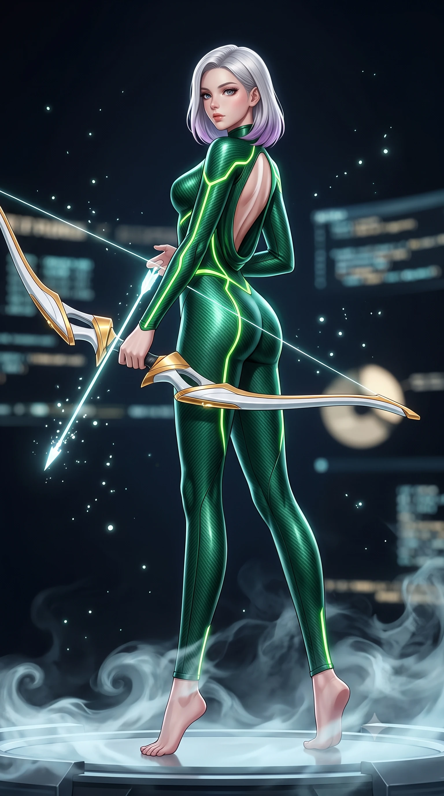 score_9, masterpiece, best quality, ultra-detailed, high-budget anime keyframe, semi-realistic 3D game render, editorial fashion photography, tasteful artistic composition, Caucasian woman. low angle full-body shot from head to toe showing her feet, filling the entire 9:16 vertical frame with her statuesque presence, stretching her vertical silhouette. arching her spine in a fluid zero-gravity combat turn with sovereign grace, her long slender legs and sculpted torso creating a sweeping line of power while resting her holographic bow with calm sovereign authority as swirling coolant mist flows around her slender ankles. The composition keeps background elements in soft focus with creamy bokeh. sparkling photon arrow particles scattering soft glowing light motes across a dark technological backdrop. She has an absolutely perfect, statuesque 8.5-heads proportion, an exceptionally tall and slender model-like female figure with impossibly long slender legs, a toned flat midriff, and an ultra-slim waist. sharp v-shaped jawline, high-bridge nose, intricate jewel-like eyes with depth, thick eyelashes, glossy lips with a natural sheen, flawlessly proportioned anatomical accuracy, strict slender model proportions, natural body alignment, perfectly sculpted long slender limbs, ultra-slim waistline, clean dynamic posture without body distortion. wearing a tailored emerald-green carbon-fiber tactical jumpsuit with glowing lime LED channels and an open cowl back, drawing a floating holographic photon energy bow with supreme grace in arctic white carbon composite with radiant solar gold plating, made of liquid carbon-jersey fabric adhering flawlessly to her sculpted silhouette, accented with glowing fiber-optic conduits tracing her collarbones and hip curves, the sleek second-skin cut tightly hugging her graceful clavicle, narrow waist, and feminine curves with athletic precision. illuminated by crisp white key lighting with sharp specular highlights tracing her slender curves. rich saturated anime colors with glowing neon highlights, detailed shading with soft gradients, rich glossy textures, high-contrast stereoscopic depth, volumetric dynamic lighting, master piece, 9:16 ratio