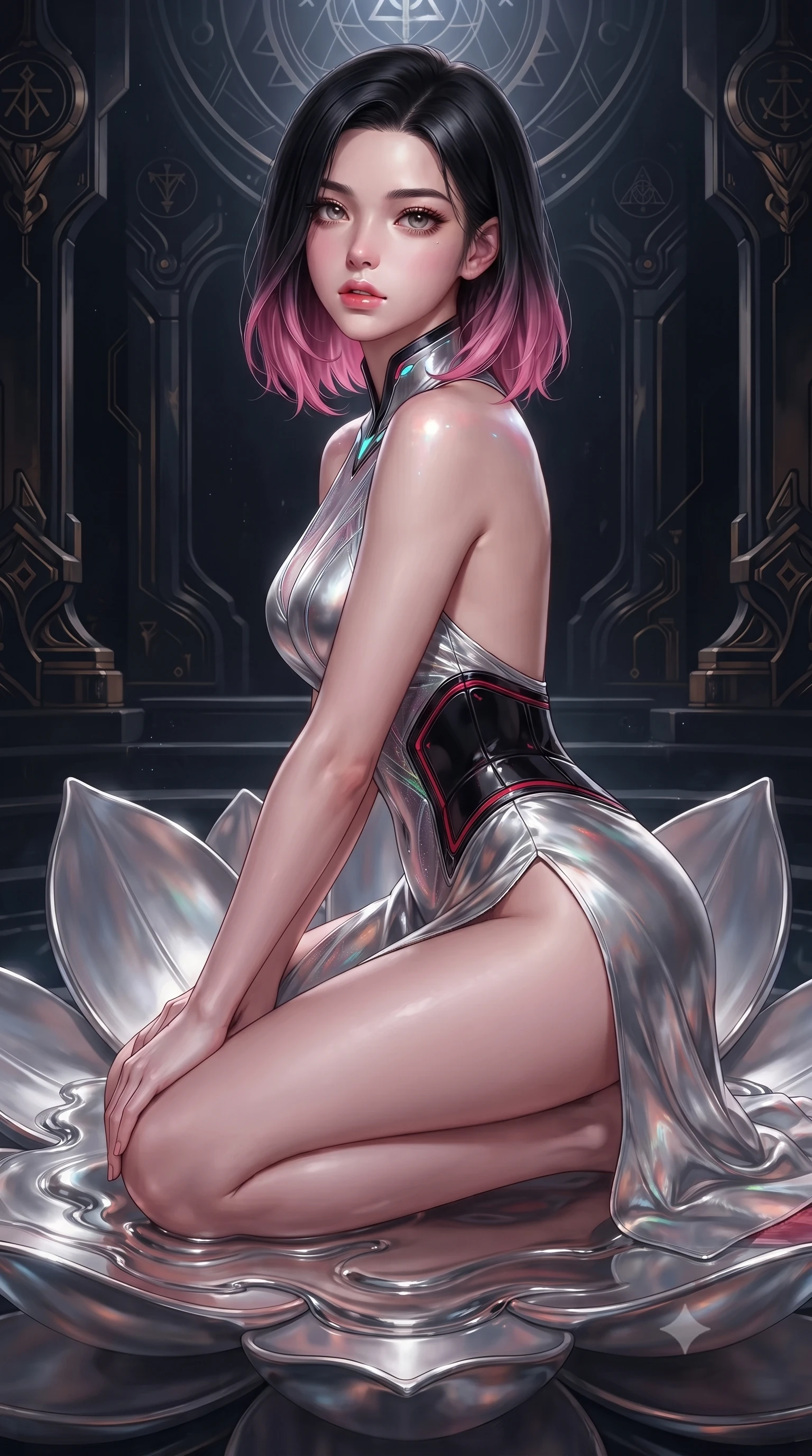 score_9, masterpiece, best quality, ultra-detailed, high-budget anime keyframe, editorial fashion photography, tasteful artistic composition, Korean woman. close-up cowboy shot from the waist and thighs up, the character dominates the composition, filling the frame with her large presence. looking into the camera lens with intense, captivating depth, softly parted glossy lips and thick eyelashes framing her ethereal gaze while kneeling gracefully on a metallic lotus petal as ripples of liquid mercury reflect brilliant neon light across her bare shoulders. The surrounding environment is rendered in vivid detail and crisp panoramic clarity. deep environmental chiaroscuro and sacred technological sanctuary architecture rendered with precision. She has an exceptionally elegant, slender, and willowy female figure with an ultra-slim waist, a gracefully sculpted slender torso, toned flat midriff, and a refined slim silhouette. sharp v-shaped jawline, high-bridge nose, intricate jewel-like eyes with depth, thick eyelashes, glossy lips with a natural sheen, flawlessly proportioned anatomical accuracy, strict slender model proportions, natural body alignment, perfectly sculpted long slender limbs, ultra-slim waistline, clean dynamic posture without body distortion. wearing a backless molten silver liquid-metal gown with a high-cut side slit and precision-fitted waist boning in high-gloss obsidian black and burning laser crimson accents, crafted from delicate iridescent organza interwoven with luminescent micro-fibers, featuring a sleek aerodynamic collar framed by subtle glowing cybernetic accents, the liquid-tight tailored fabric emphasizing every curve of her tall, slender model proportions and sculptured silhouette during dynamic movement. surrounded by an opulent, mystical, and sacredly sensual android goddess ambiance. ultra-reflective glossy finish, specular highlights, dark metallic sheen, high-contrast stereoscopic depth, volumetric dynamic lighting, 2k, ultra detail, master piece, 9:16 ratio