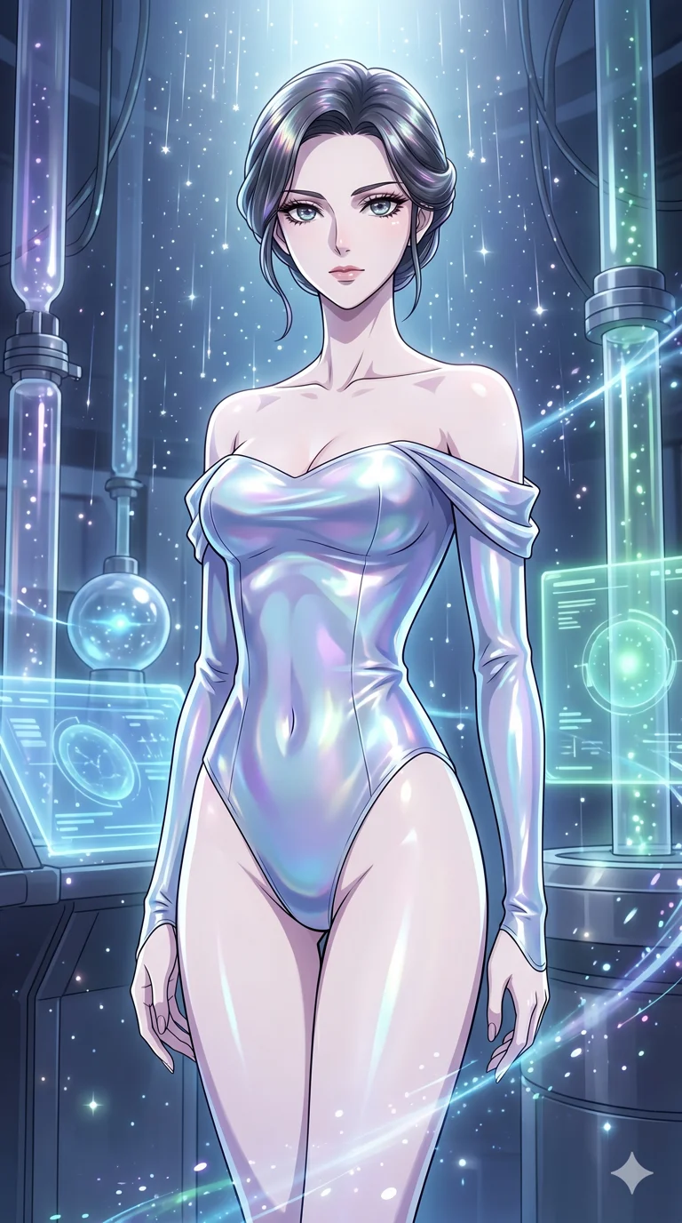 score_9, masterpiece, best quality, ultra-detailed, High-budget Anime Keyframe, vibrant colors, fluid line-art, expressive lighting, cinematic composition, Ufotable-style visual effects, top-tier animation quality, Caucasian woman with pale skin and refined features. Medium shot from the thighs up, her commanding presence occupying two-thirds of the frame. Standing serene as starlight rain falls in slow motion, drenching the environment in celestial glow. She has an absolutely perfect 8-heads proportion, an exceptionally tall and slender female figure with impossibly long slender legs and an ultra-slim waist, her statuesque height and towering silhouette dominating the vertical 9:16 frame. Her face is a masterpiece featuring a sharp v-shaped jawline, high-bridge nose, intricate jewel-like eyes with depth, thick eyelashes, and glossy lips with a natural sheen. She is wearing a Liquid pearl fabric bodysuit that shimmers with an iridescent sheen, with elegant off-shoulder sleeves. The scene is set in a futuristic vibration lab filled with glowing resonators and liquid displays. 2k, ultra detail, master piece, 9:16 ratio
