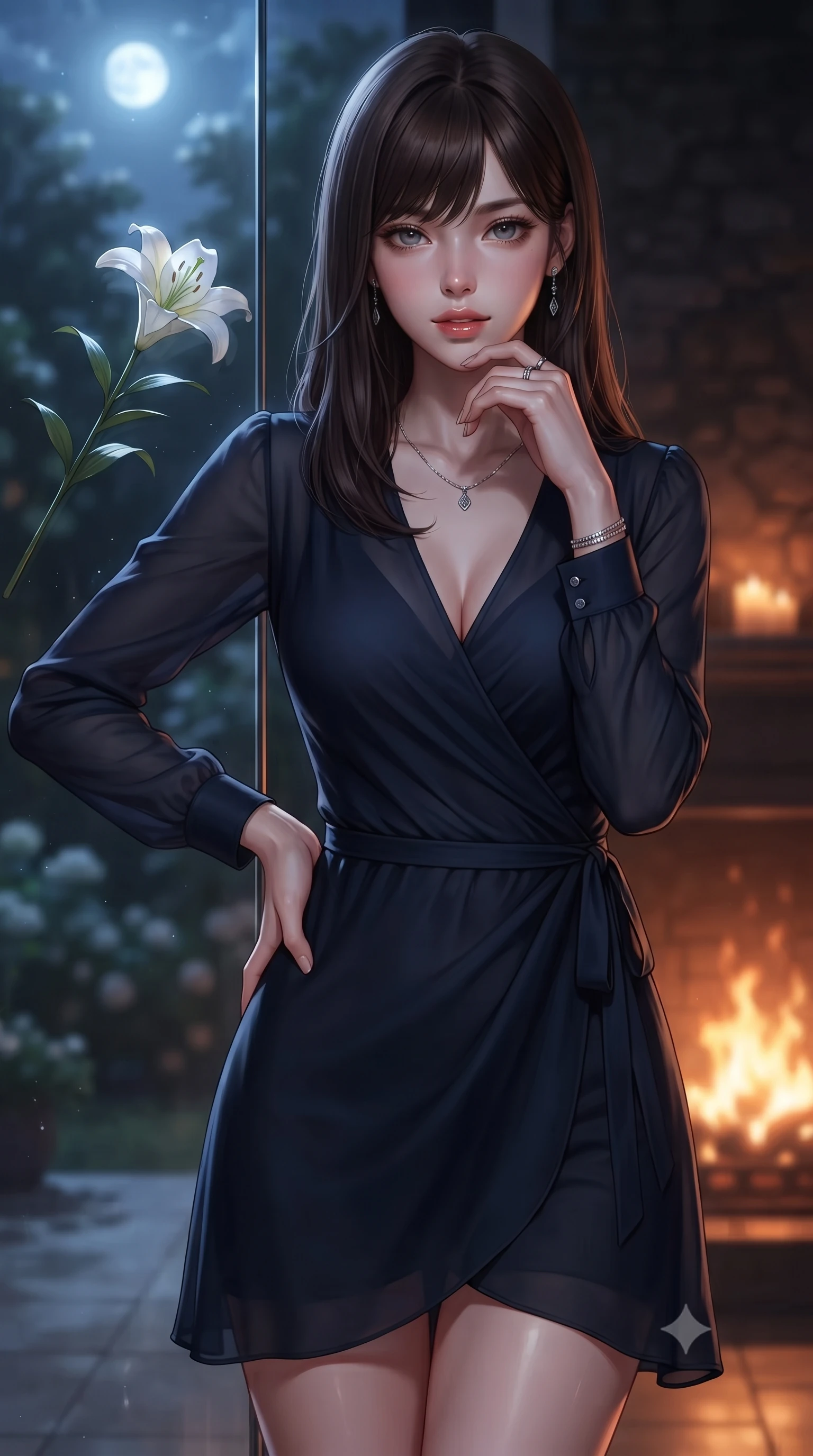 score_9, masterpiece, best quality, ultra-detailed, high-budget anime keyframe, editorial fashion photography, tasteful artistic composition, Korean woman. close-up cowboy shot from the waist and thighs up, the character dominates the composition, filling the frame with her large presence, background elements kept in soft focus. gazing directly into the camera with a smoldering, magnetic half-smile, her glossy lips parted alluringly set against a soft-focus background of inside an exclusive moonlit garden terrace with a single long-stemmed white lily resting against a polished glass surface. She has an exceptionally elegant, slender, and willowy female figure with an ultra-slim waist, a gracefully sculpted slender torso, and a refined silhouette. sharp v-shaped jawline, high-bridge nose, intricate jewel-like eyes with depth, thick eyelashes, glossy lips with a natural sheen. wearing slim-fit midnight navy semi-opaque chiffon sleek long-sleeve silk wrap dress contouring her ultra-slim waist elegantly accented with delicate silver hardware. bathed in cozy, flickering fireplace light that paints the room in a warm orange wash. ultra-reflective glossy finish, specular highlights, metallic sheen, high-contrast stereoscopic depth, volumetric dynamic lighting, 2k, ultra detail, master piece, 9:16 ratio