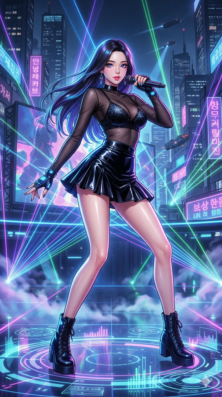 score_9, masterpiece, best quality, ultra-detailed, semi-realistic high-budget anime keyframe, an incredibly beautiful Korean woman. Dynamic full-body shot dominating the 9:16 frame. She is a world-famous K-pop idol in a cyberpunk world, performing on a holographic stage. She has an absolutely perfect 8-heads proportion, an exceptionally tall female figure with long slender legs and a voluptuous body. Her face is a masterpiece featuring glossy lips and jewel-like eyes with star-shaped pupils. She is wearing a glossy latex micro mini skirt and a sheer fabric top, highlighting her alluring silhouette. Laser lights and rhythmic neon fog, dramatic rim lighting, radiant glowing skin, 2k, ultra detail, master piece, 9:16 ratio