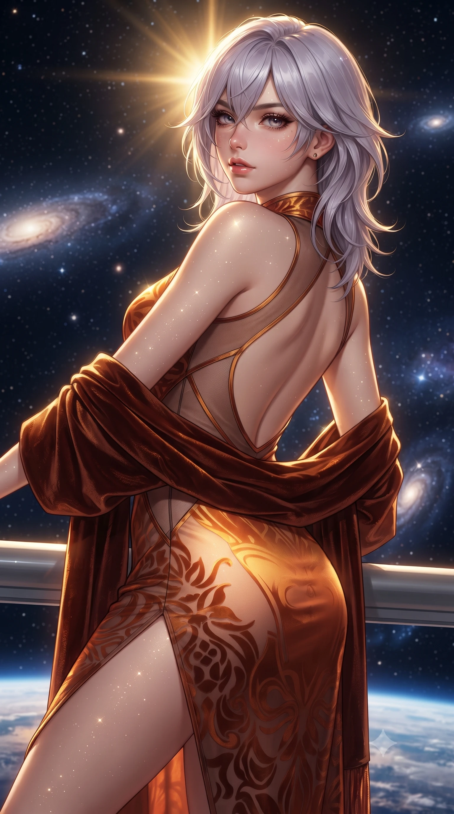 score_9, masterpiece, best quality, ultra-detailed, high-budget anime keyframe, editorial fashion photography, tasteful artistic composition, Japanese woman. close-up cowboy shot from the waist and thighs up, the character dominates the composition, filling the frame with her large presence. leaning back with relaxed seductive grace, her sculpted collarbones and narrow waist highlighted as she casts smoldering bedroom-eyes directly into the camera while standing poised on the high-orbit observation promenade, turning in an elegant dancer S-curve as solar corona radiation paints golden highlights along her silhouette. The surrounding environment is rendered in vivid detail and crisp panoramic clarity. detailed metallic gown texture, starlight glints on skin, and cosmic vacuum clarity in high resolution. She has an exceptionally elegant, slender, and willowy female figure with an ultra-slim waist, flat toned midriff, narrow ribcage, and sculpted feminine hips creating an alluring, slim hourglass silhouette without bulk. sharp v-shaped jawline, high-bridge nose, intricate jewel-like eyes with depth, thick eyelashes, glossy parted lips with a natural sheen, intensely captivating and seductive bedroom-eyes expression, flawlessly proportioned anatomical accuracy, strict slender model proportions, natural body alignment, perfectly sculpted long slender limbs, ultra-slim waistline, clean dynamic posture without body distortion. wearing a wet-look silk fusion wrap dress with asymmetrical sheer mesh cutouts and high Mandarin collar in molten desert gold and burnt terracotta, made of sheer contouring power-mesh with velvet flocking patterns, complemented by a plush velvet shawl draped loosely over her elbows, the dramatically scooped open back descending to the base of her spine, accentuating her razor-sharp statuesque lines and slim hourglass silhouette. bathed in glorious molten golden solar radiation backlighting filtered through high-tech polarized glass. ultra-reflective glossy finish, specular highlights, rich textural contrasts, high-contrast stereoscopic depth, volumetric dynamic lighting, 2k, ultra detail, master piece, 9:16 ratio