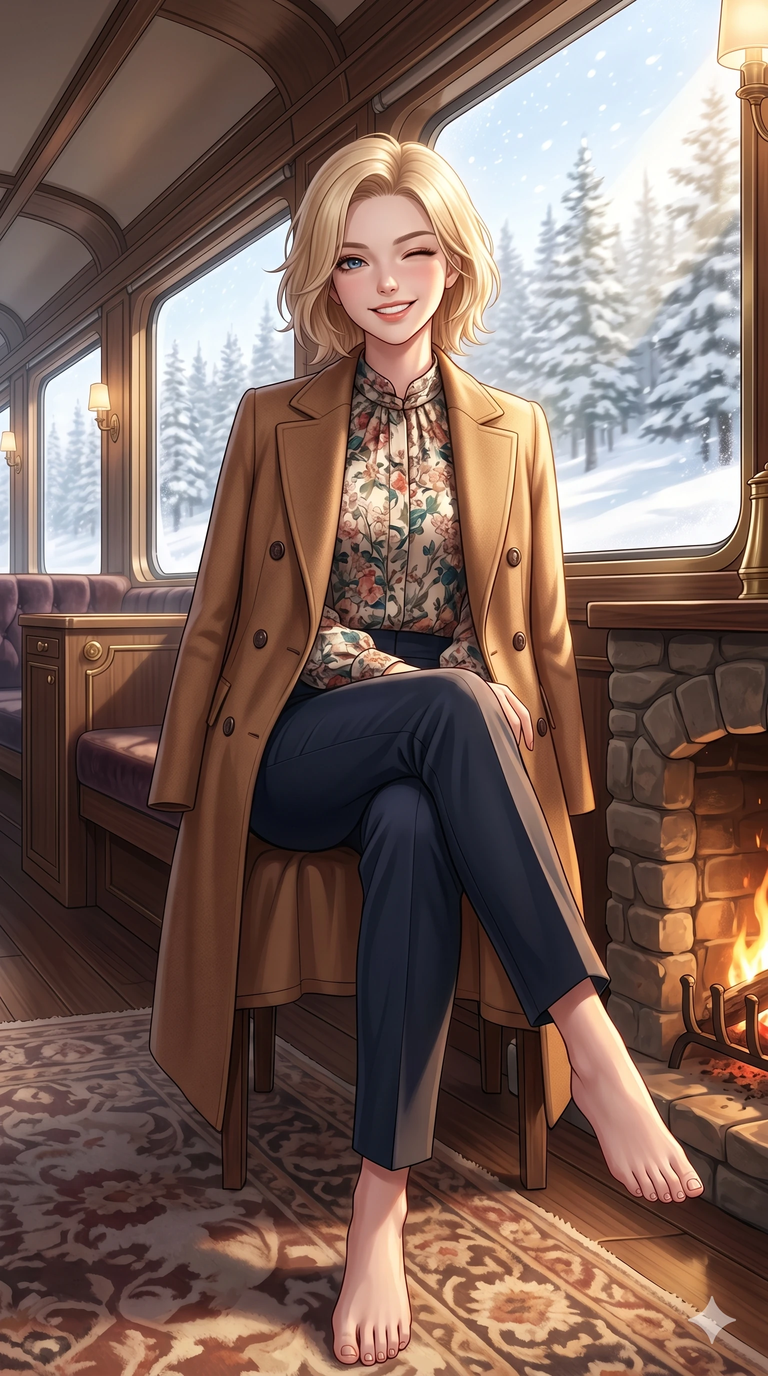 score_9, masterpiece, best quality, ultra-detailed, high-budget anime keyframe, vibrant anime aesthetic, Caucasian woman, strictly human ears. low angle full-body shot from head to toe showing her feet, filling the entire 9:16 vertical frame with her statuesque presence, stretching her vertical silhouette. She is sitting by a fireplace, winking and smiling cheerfully at the camera inside a luxury train lounge car with large panoramic windows showing a snow-swept forest (Code-P21-016). She has an absolutely perfect 8-heads proportion, an exceptionally tall and slender female figure with impossibly long slender legs and an ultra-slim waist. V-shaped jawline, high-bridge nose, intricate jewel-like eyes with depth, thick eyelashes, glossy lips with a natural sheen. wearing a double-breasted coat over a floral blouse and tailored pants. She is bathed in soft sun-kissed golden rays, creating beautiful highlights and shadows in winter. 2k, ultra detail, master piece, 9:16 ratio