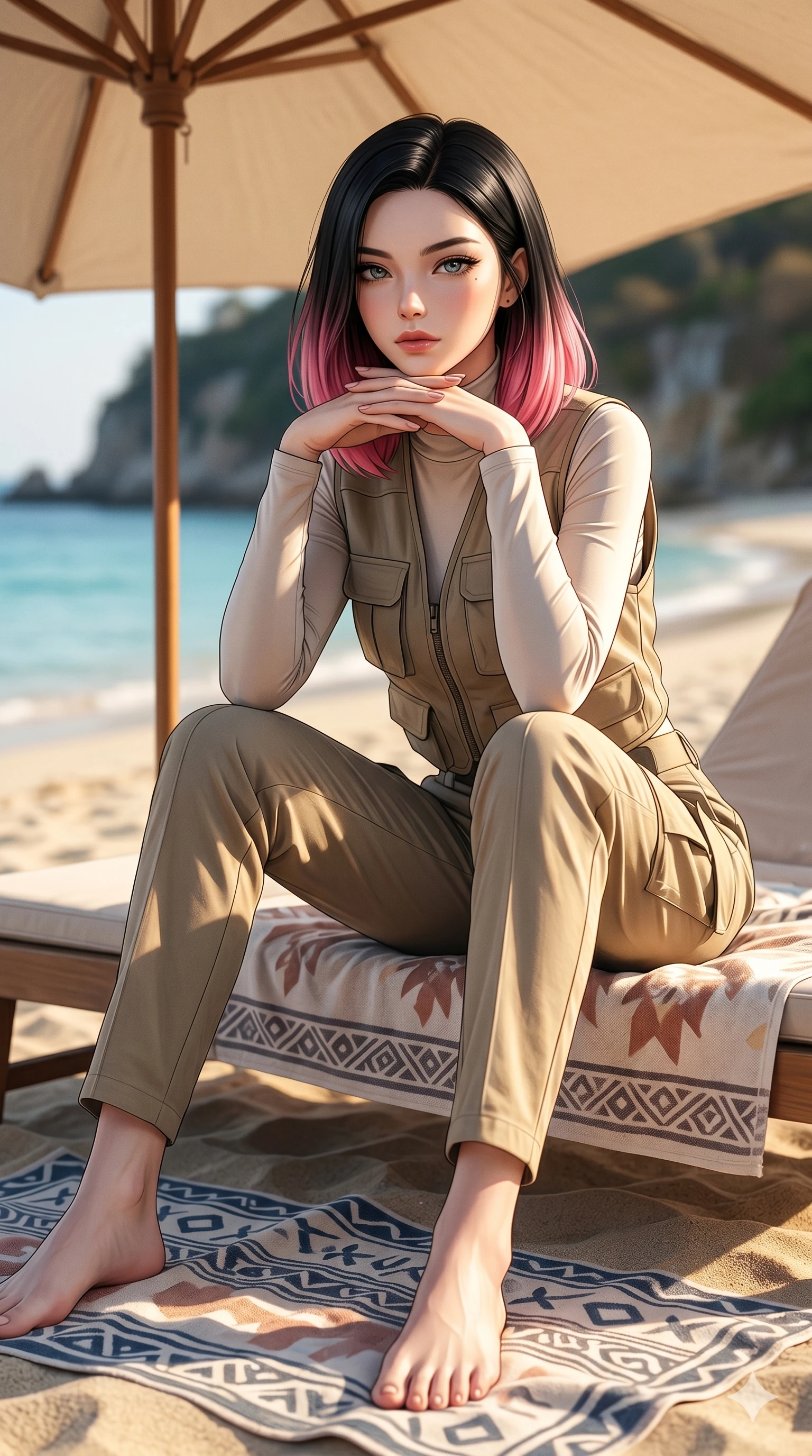 score_9, masterpiece, best quality, ultra-detailed, high-budget anime keyframe, editorial fashion photography, tasteful artistic composition, Korean woman. low angle full-body shot from head to toe showing her feet, filling the entire 9:16 vertical frame with her statuesque presence, stretching her vertical silhouette. sitting on a beach towel, resting her chin on the backs of her fingers with a composed, sultry gaze on a private sunbed under a large canvas umbrella on a quiet beach (Code-P19-020). She has an absolutely perfect 8-heads proportion, an exceptionally tall and slender female figure with impossibly long slender legs and an ultra-slim waist. V-shaped jawline, high-bridge nose, intricate jewel-like eyes with depth, thick eyelashes, glossy lips with a natural sheen. wearing a structured high-neck utility vest over a high-neck long-sleeve top and matching canvas trousers. drenched in sun-kissed golden rays, creating a beautiful contrast between bright highlights and soft shadows. 2k, ultra detail, master piece, 9:16 ratio